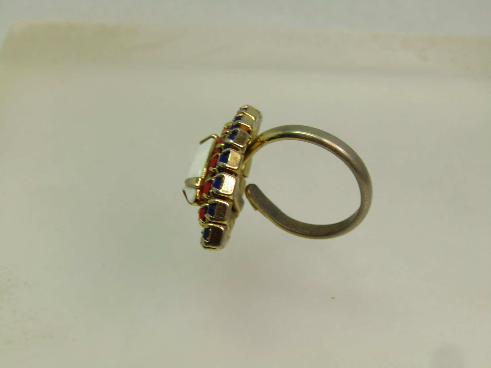 Vintage Red/White/Blue Glass Stone Ring, Adjustable to Sz. 6, 1960's-1970's - 6
