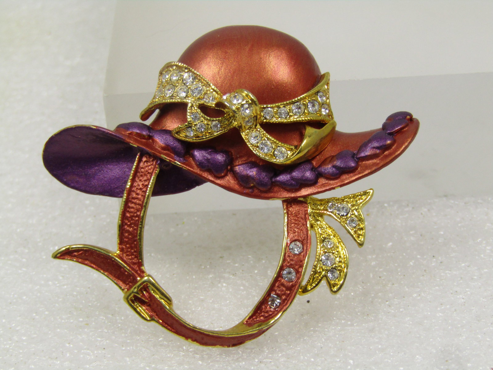 Vintage Enameled Red Hat Brooch, Purple & Rhinestone Accents, 1990's - 4