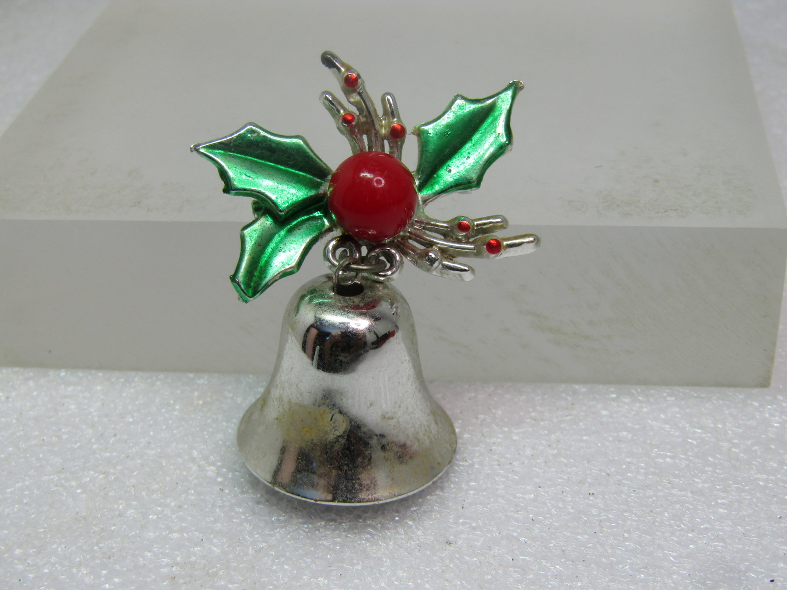 Vintage Enameled Christmas Bell Brooch with Holly, 1950's-1960's - 2