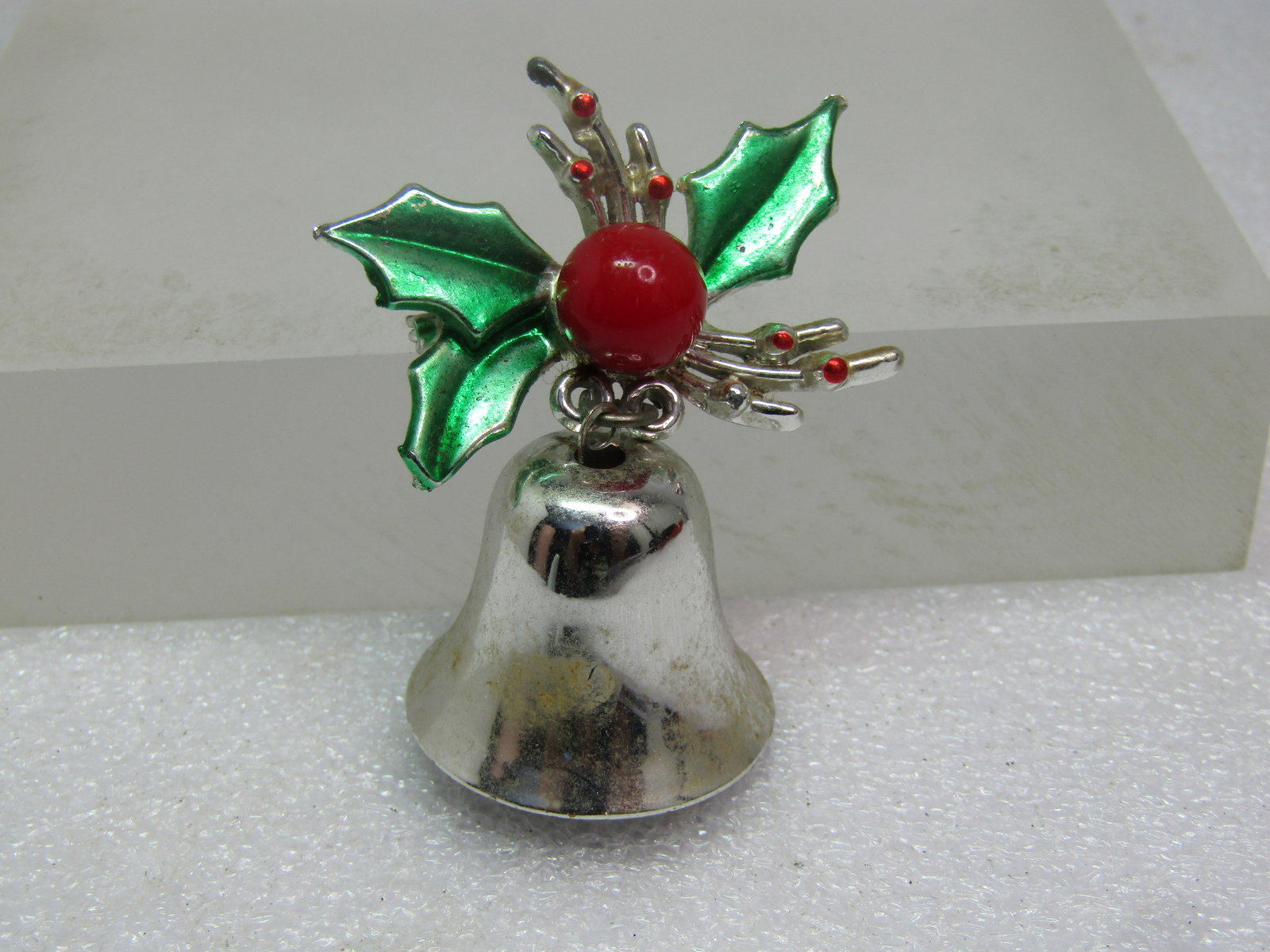 Vintage Enameled Christmas Bell Brooch with Holly, 1950's-1960's - 3