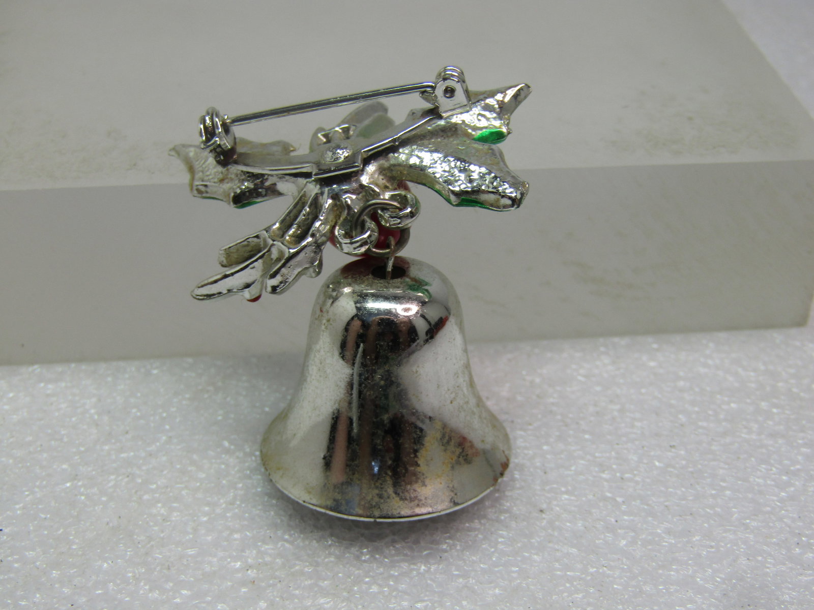Vintage Enameled Christmas Bell Brooch with Holly, 1950's-1960's - 4