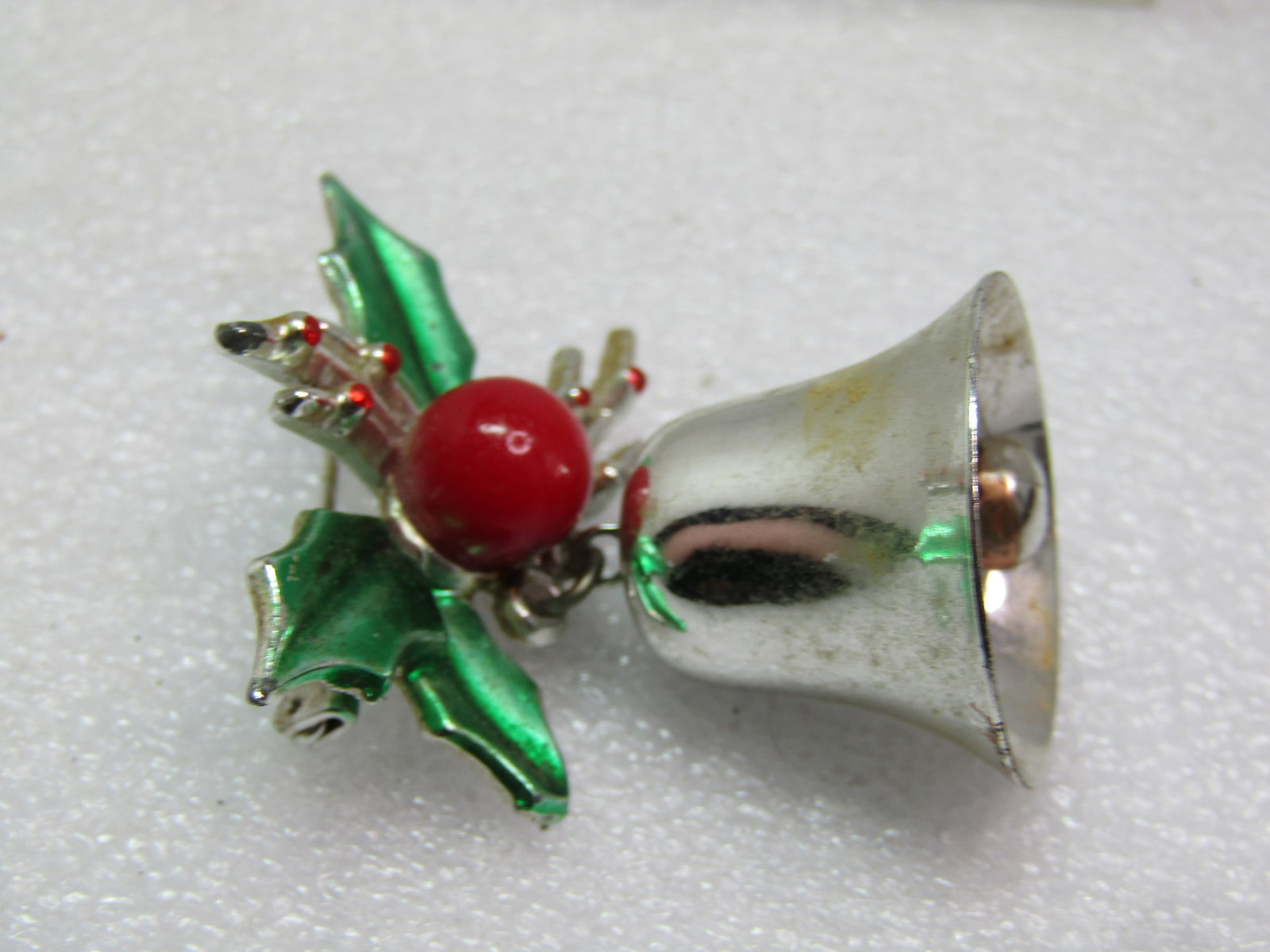 Vintage Enameled Christmas Bell Brooch with Holly, 1950's-1960's - 5