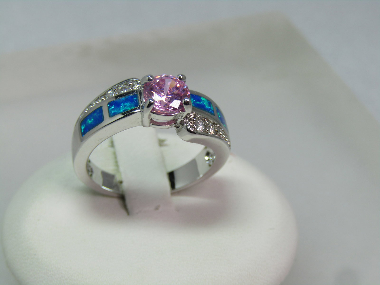Silver Plated Faux Opal Pink Topaz Ring, Clear Rhinestones, Sz. 7, 1990's - 2