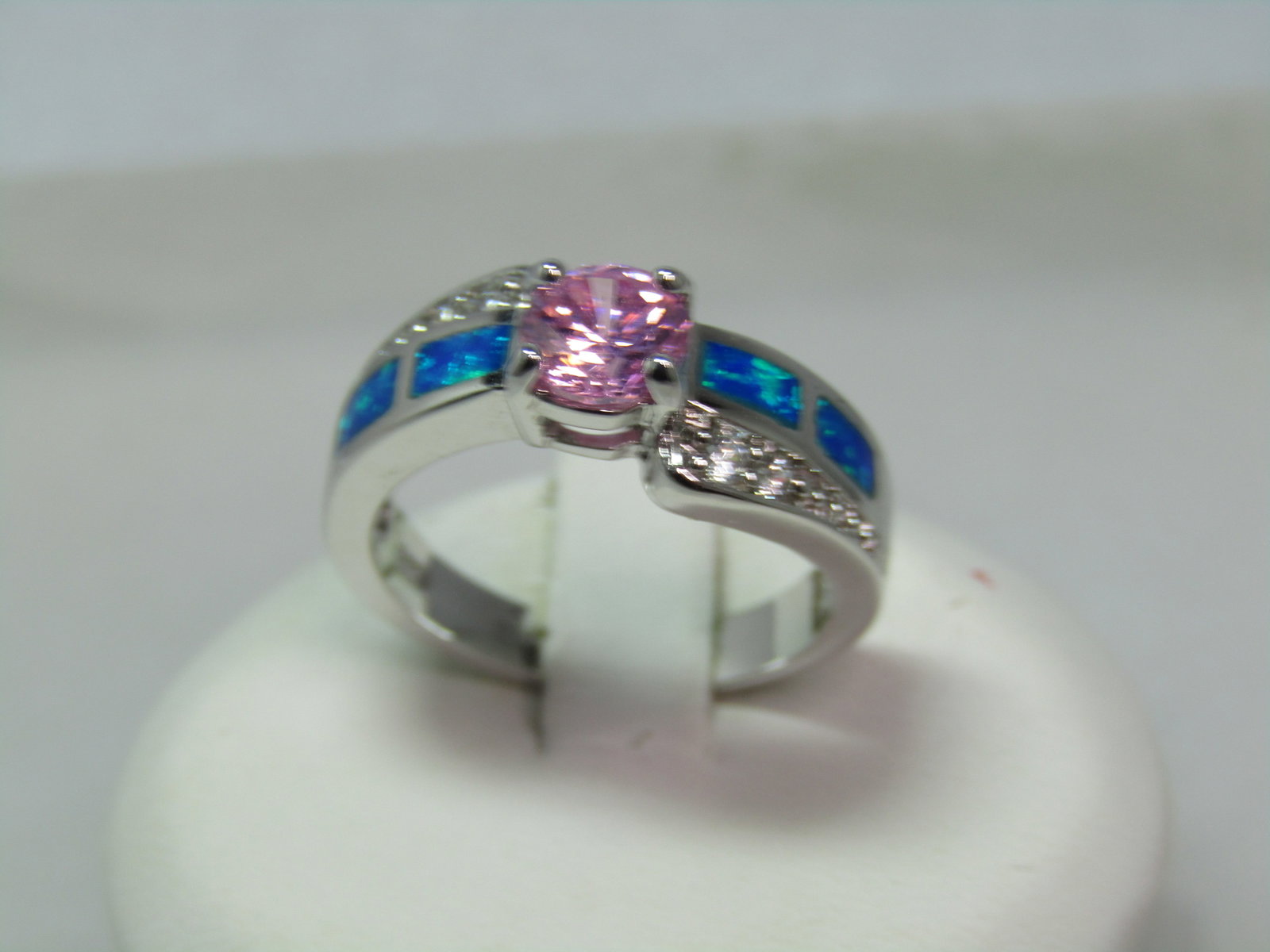 Silver Plated Faux Opal Pink Topaz Ring, Clear Rhinestones, Sz. 7, 1990's - 3