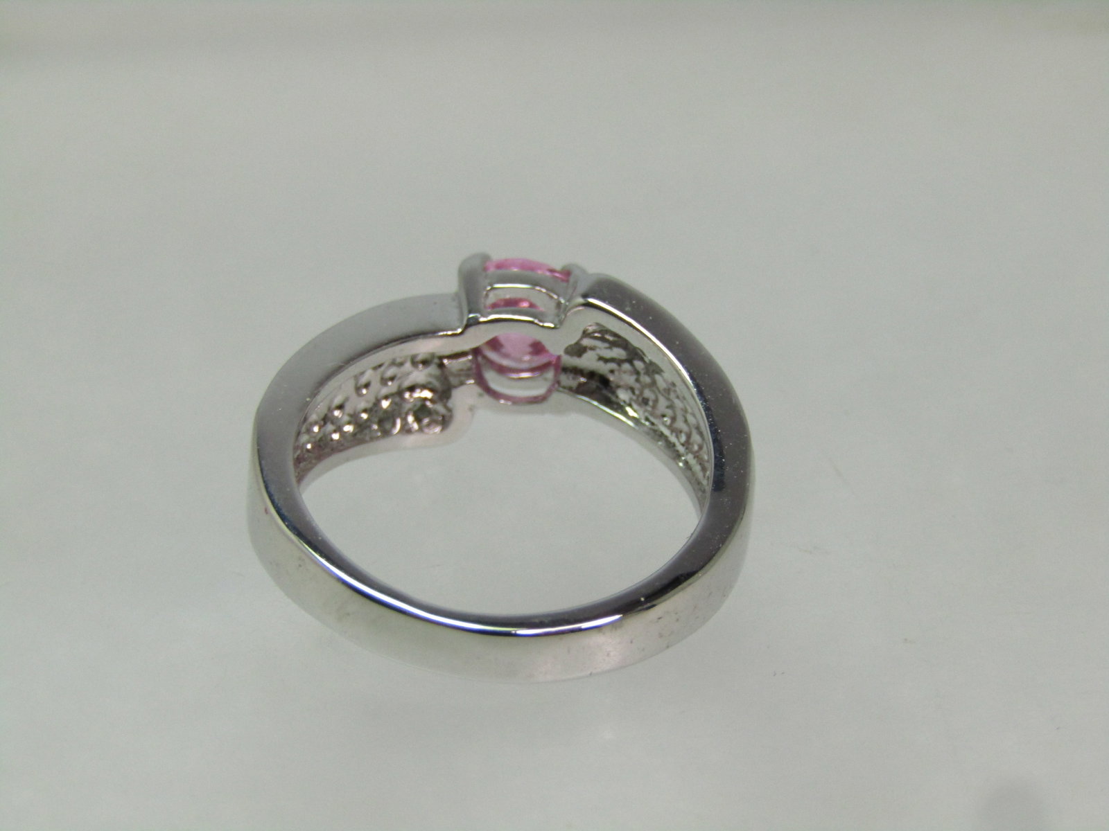 Silver Plated Faux Opal Pink Topaz Ring, Clear Rhinestones, Sz. 7, 1990's - 4