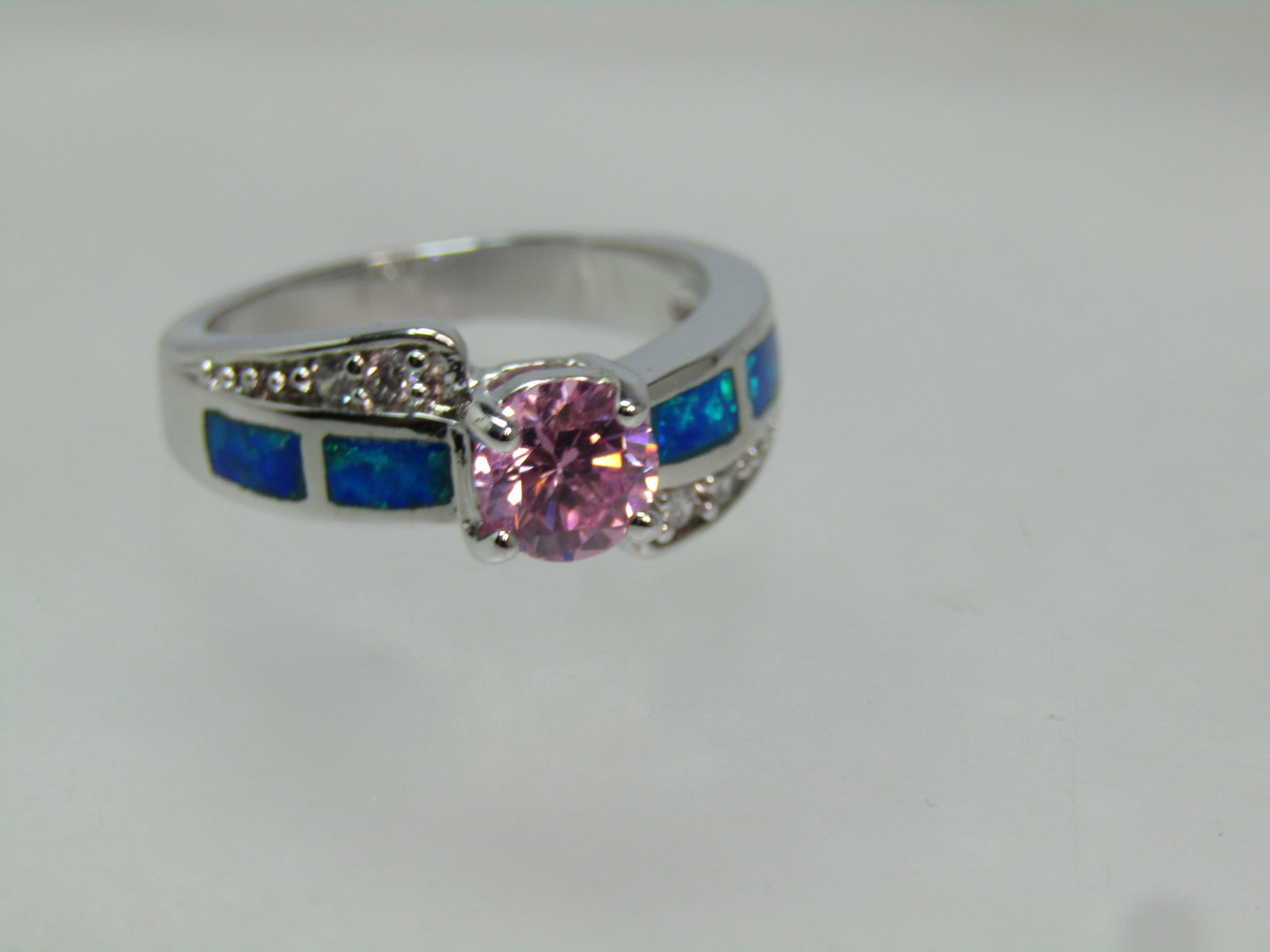 Silver Plated Faux Opal Pink Topaz Ring, Clear Rhinestones, Sz. 7, 1990's - 5
