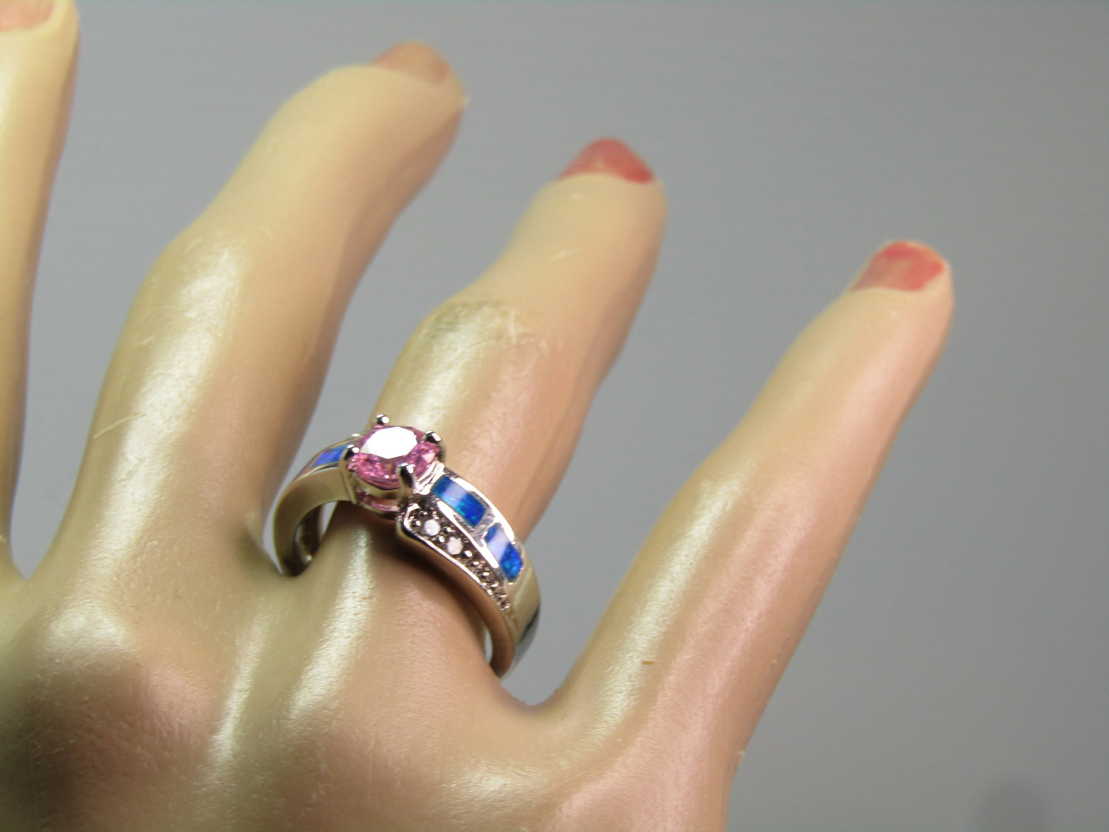 Silver Plated Faux Opal Pink Topaz Ring, Clear Rhinestones, Sz. 7, 1990's - 6