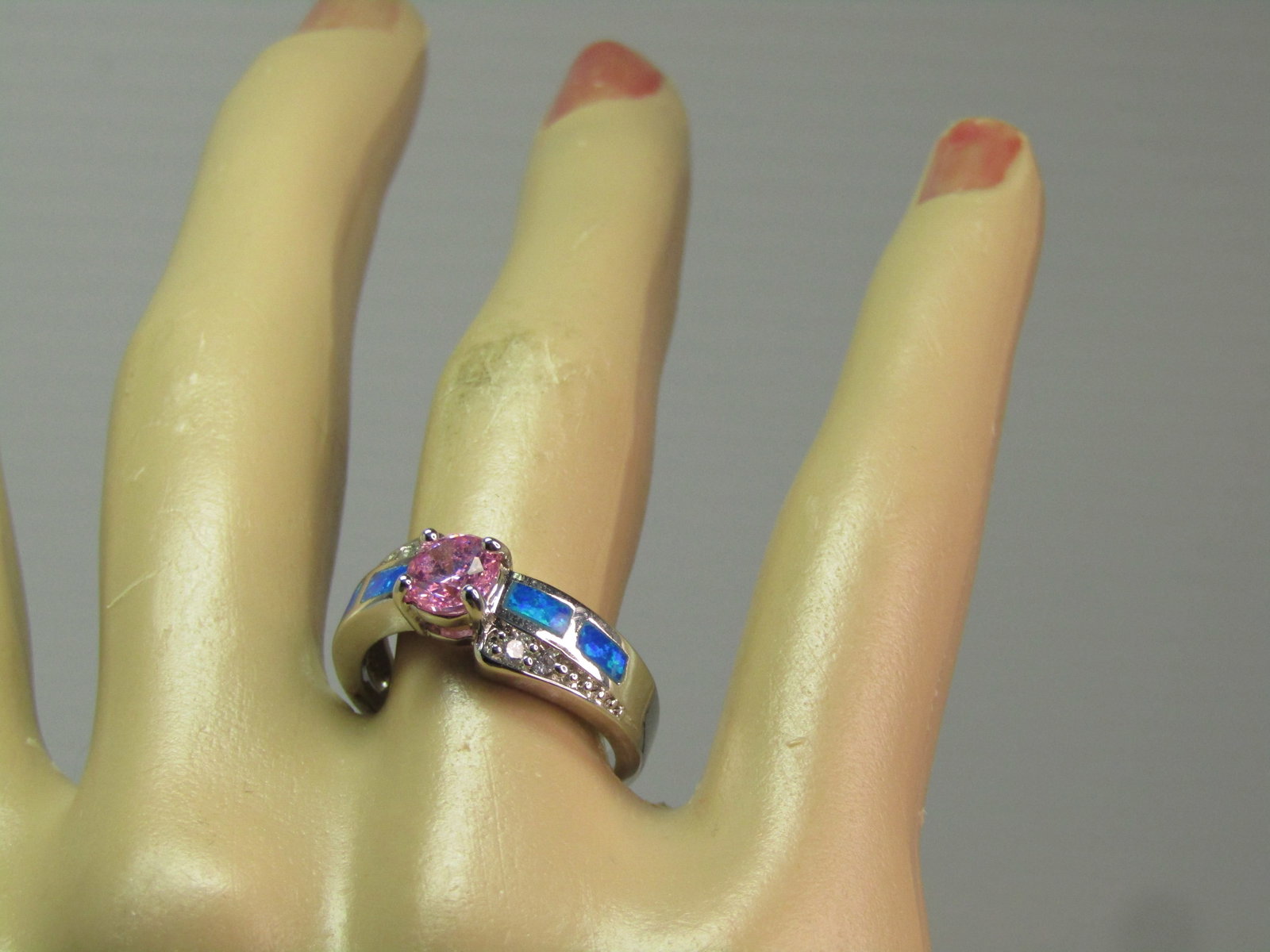 Silver Plated Faux Opal Pink Topaz Ring, Clear Rhinestones, Sz. 7, 1990's - 7