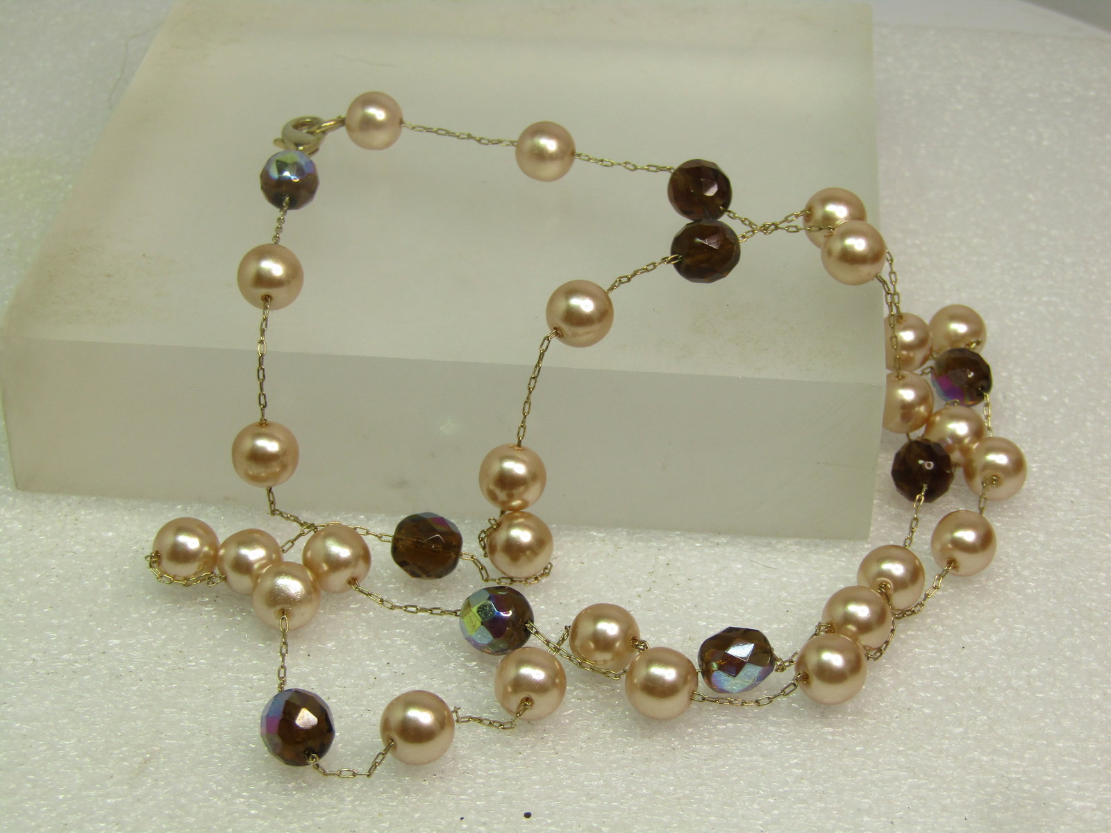 Vintage Blush Pearl & AB Crystal Necklace, 30", 1980's-1990's - 5