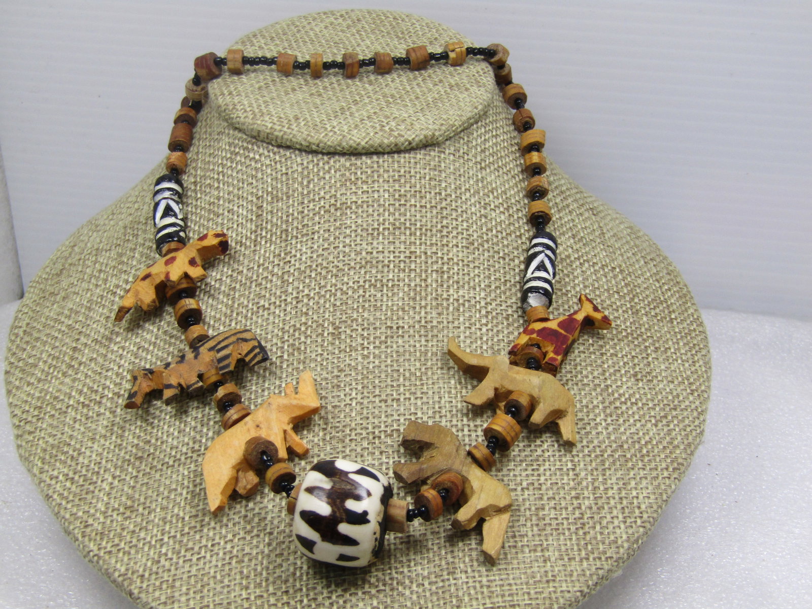 Vintage Carved African Animal Necklace, Black Seed Beads, 24". 1960's-1970's - 2