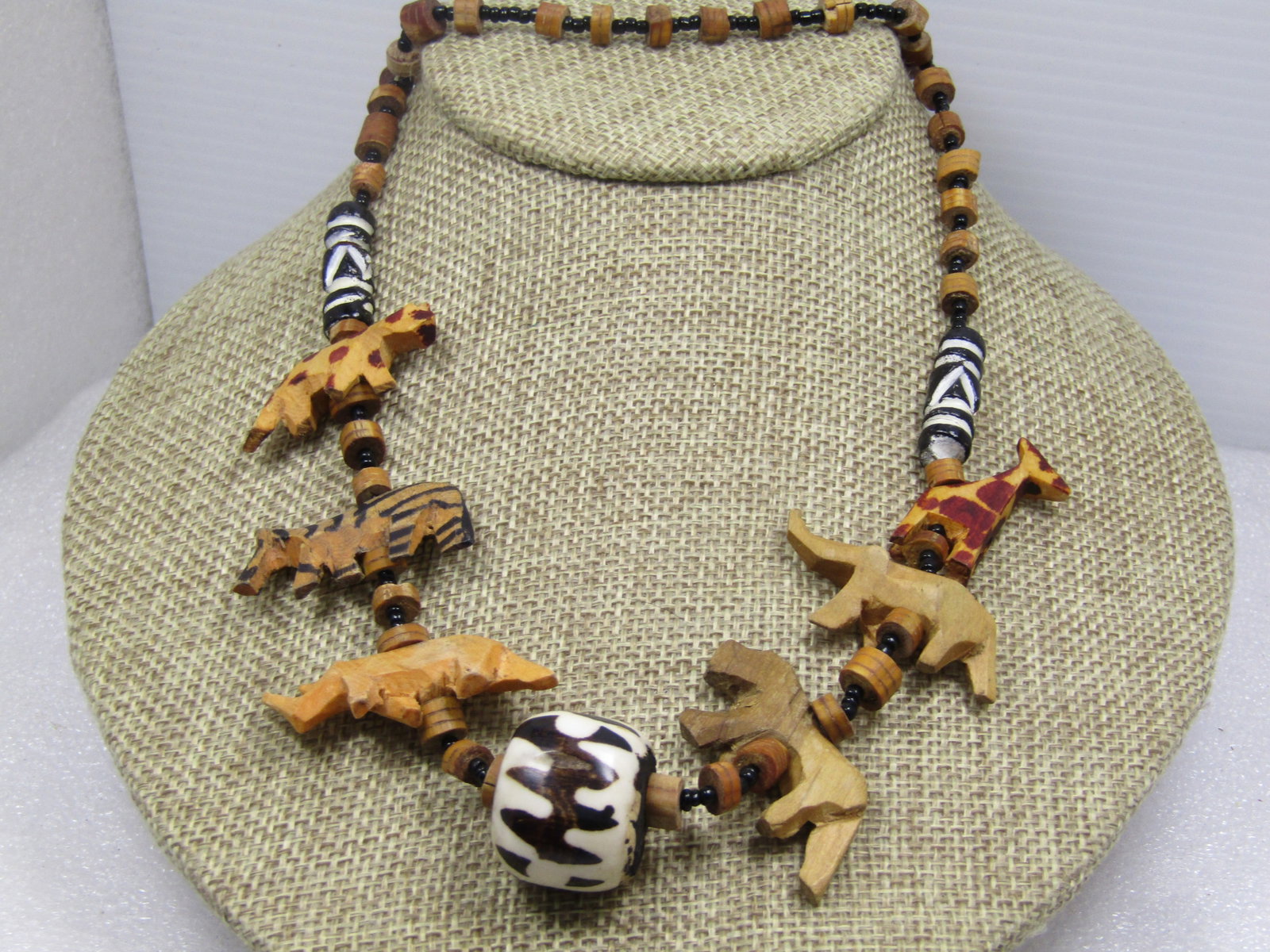 Vintage Carved African Animal Necklace, Black Seed Beads, 24". 1960's-1970's - 3