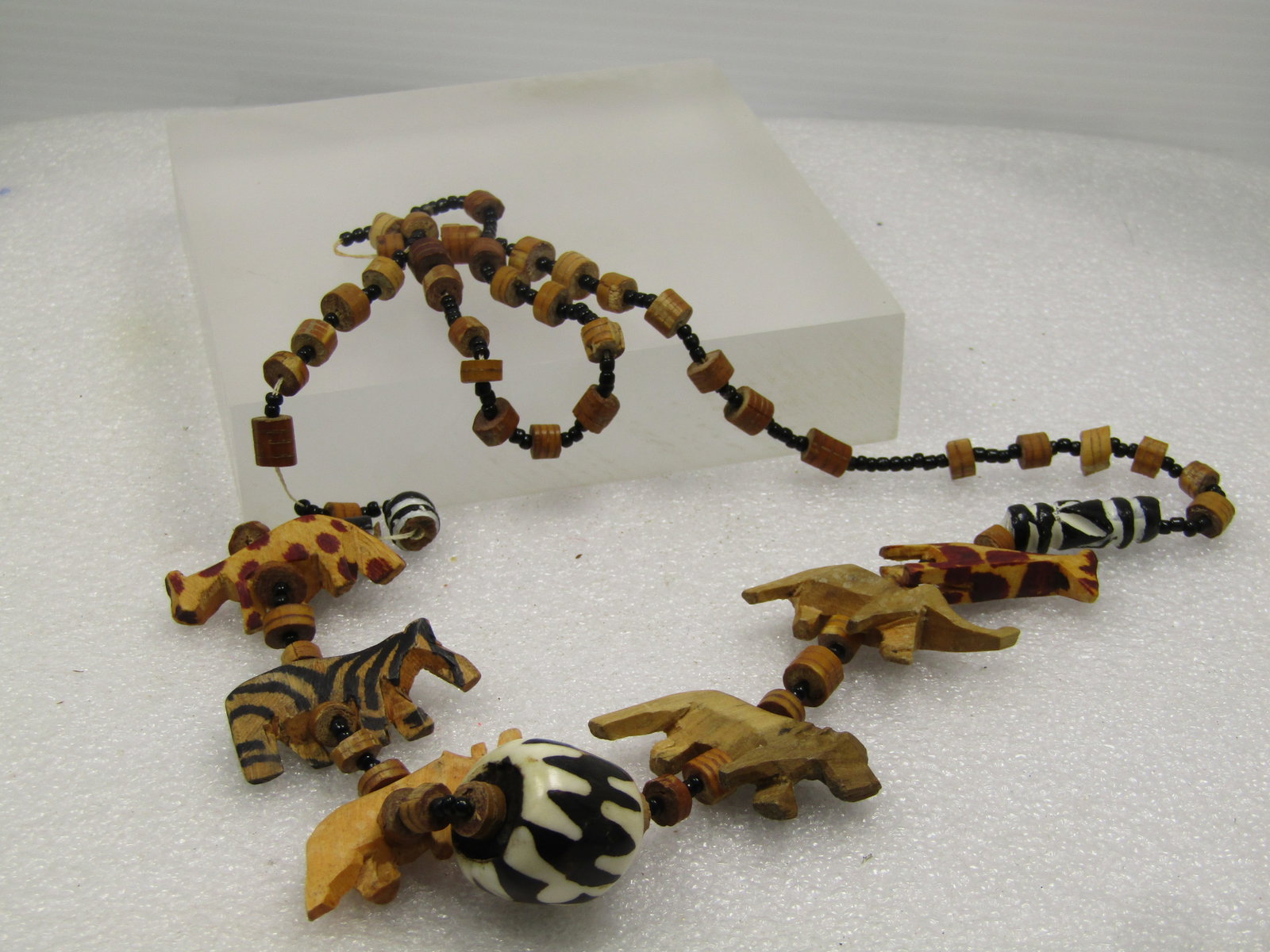 Vintage Carved African Animal Necklace, Black Seed Beads, 24". 1960's-1970's - 4