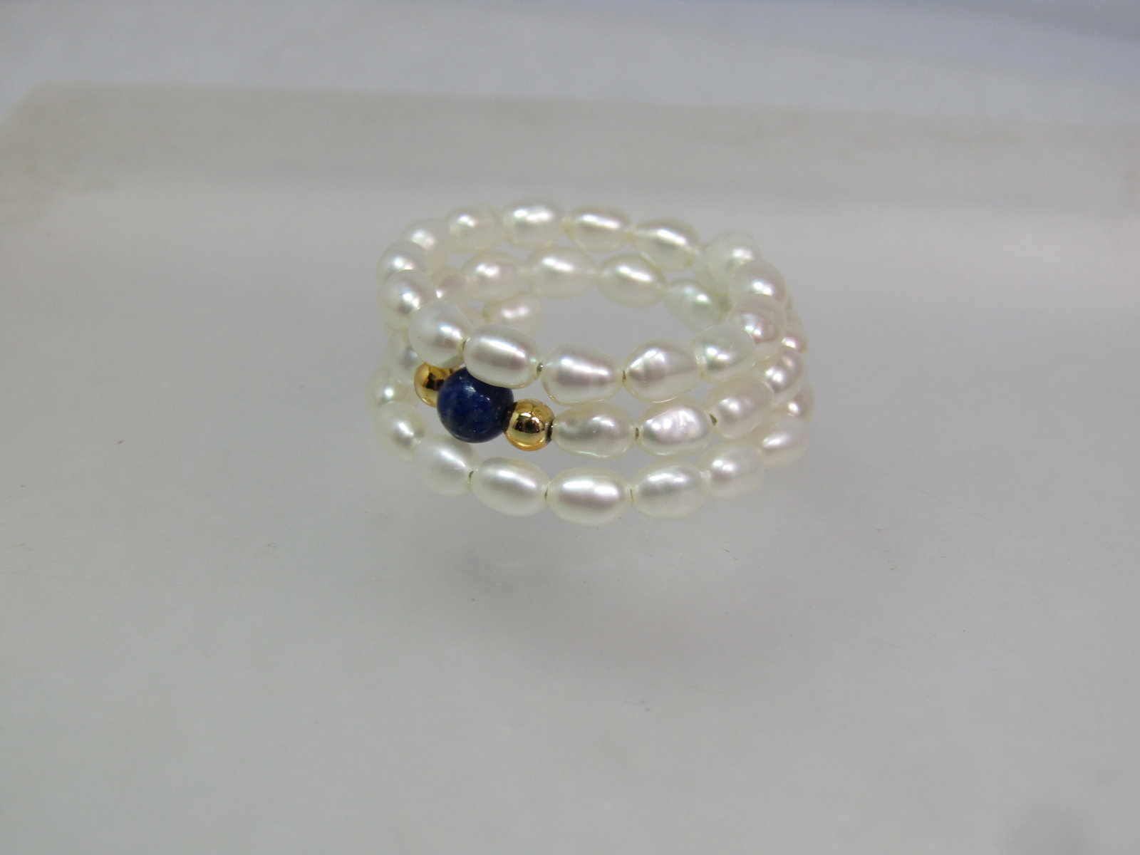 Triple Coiled Freshwater Pearl Ring, Sodalite/Gold Beads, Adjustsable, 1980's-1990's - 2