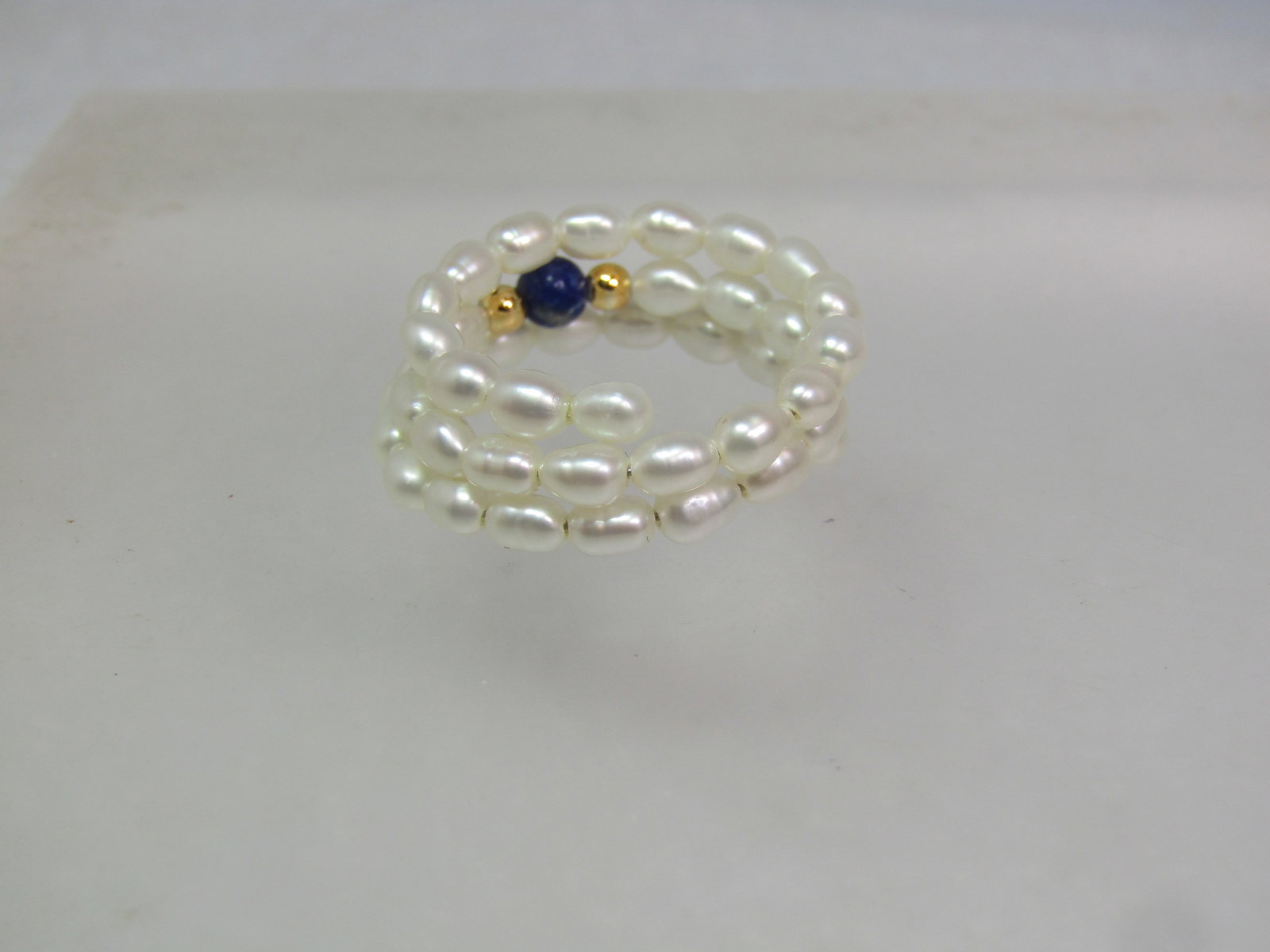 Triple Coiled Freshwater Pearl Ring, Sodalite/Gold Beads, Adjustsable, 1980's-1990's - 3