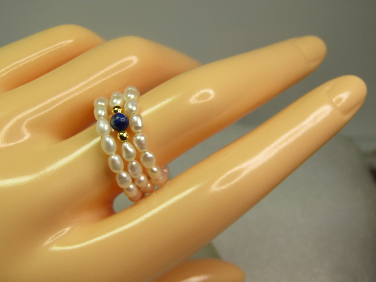 Triple Coiled Freshwater Pearl Ring, Sodalite/Gold Beads, Adjustsable, 1980's-1990's - 5