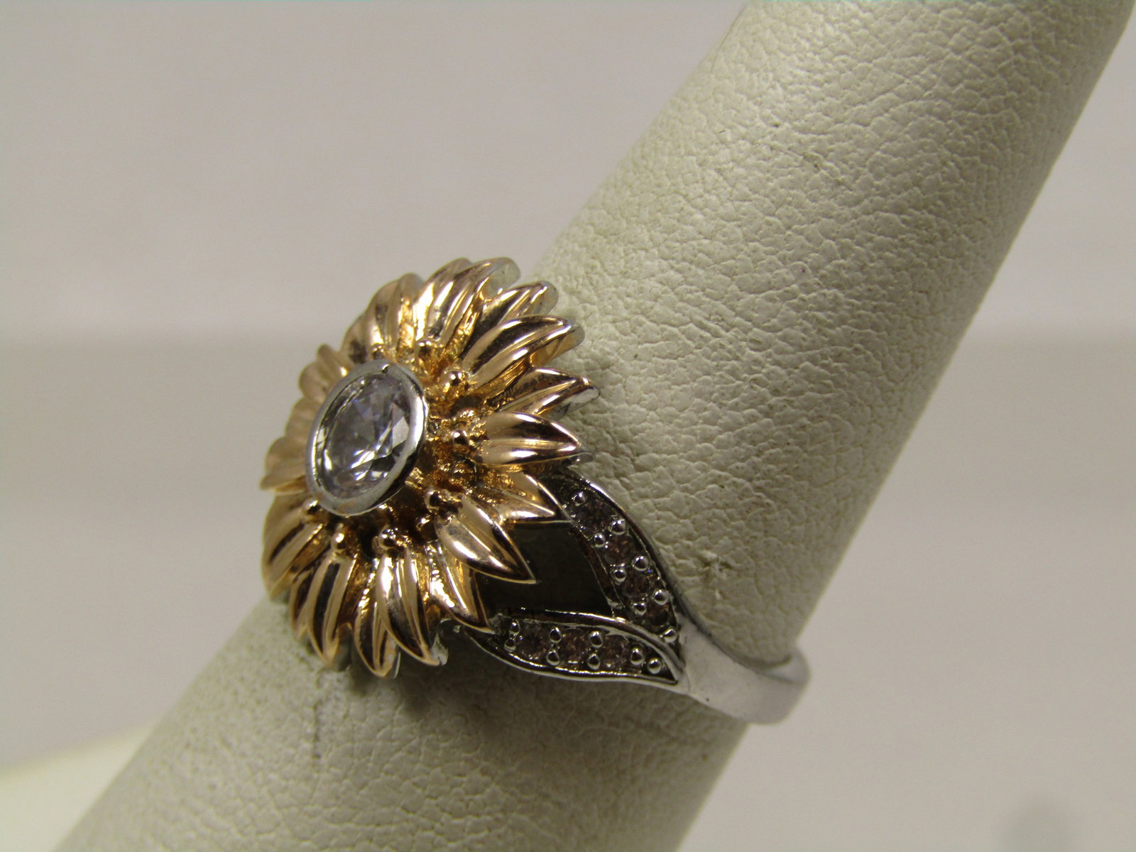 Two-Tone Clear Rhinestone Sunflower Ring, Sz. 7. - 2