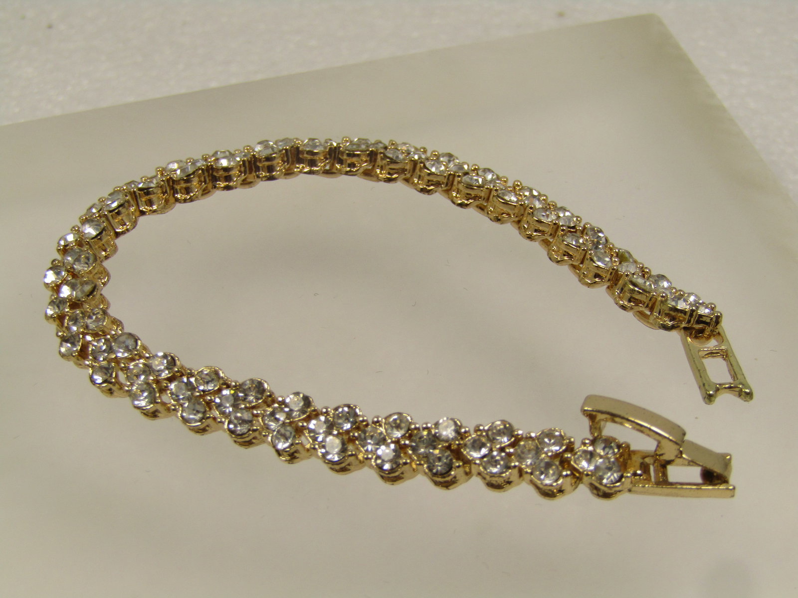 Gold Tone Rhinestone V Link Tennis Bracelet, 6.75", 1990's - 2