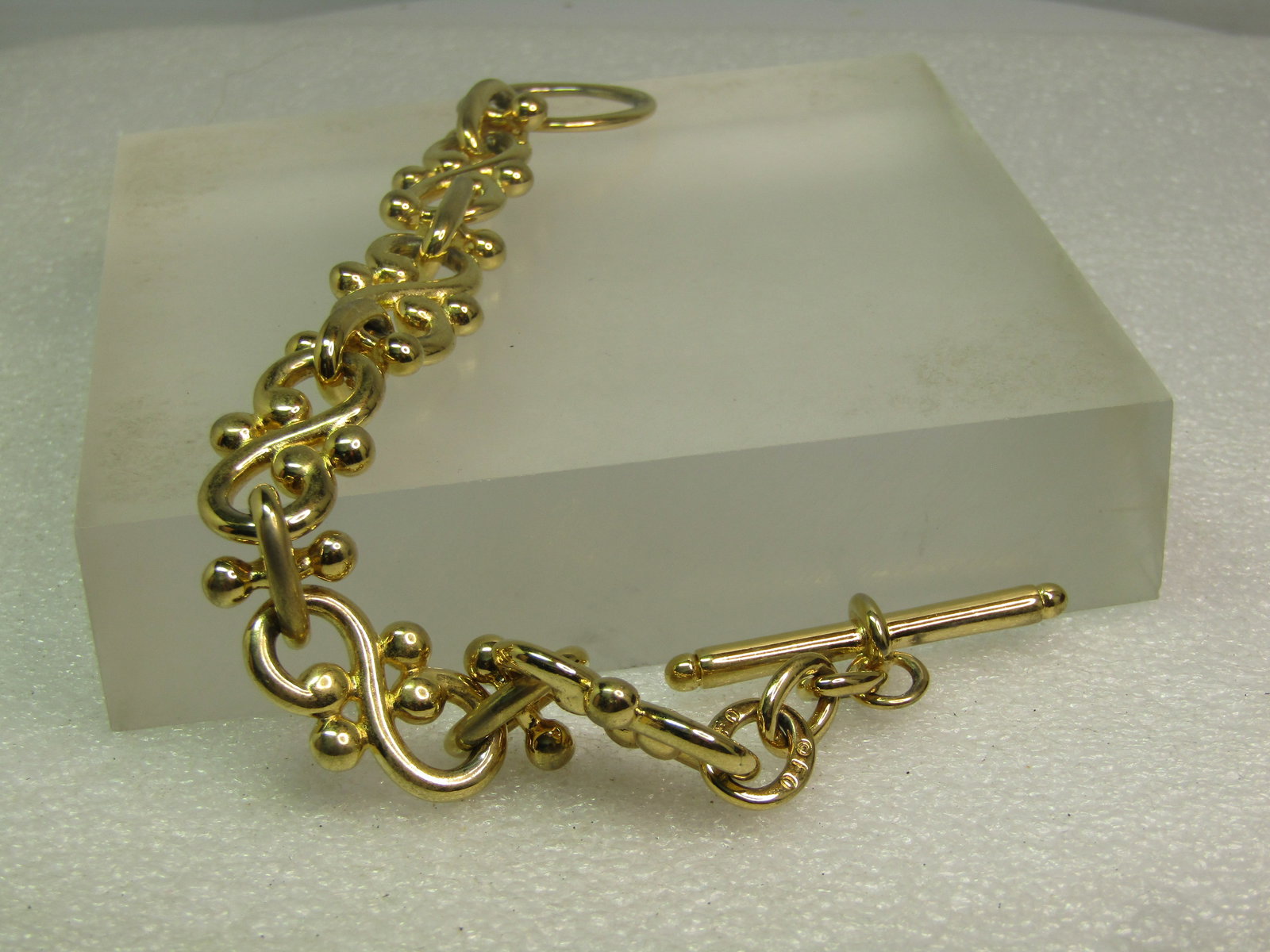Vintage Wide S Fancy Link Bracelet, Togget Clasp, 8", Signed F.O., 1980's-1990's - 5