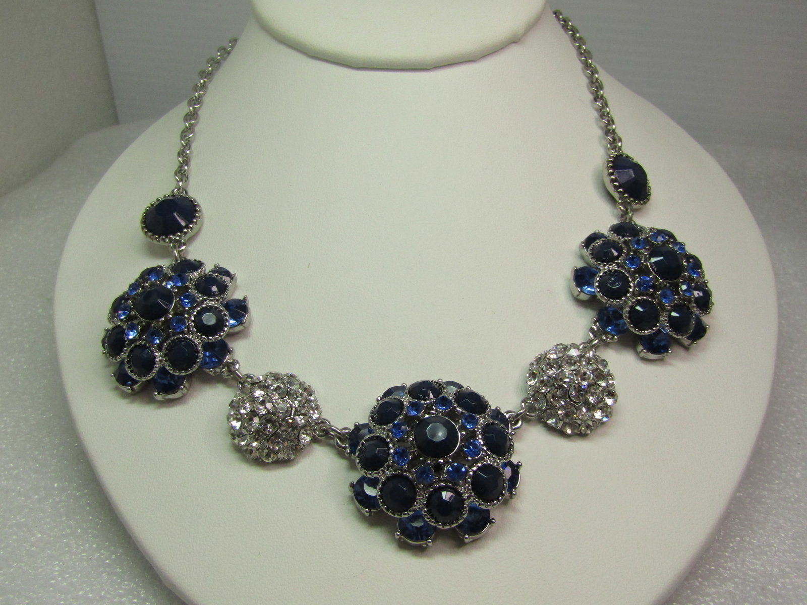 Blue & Clear Cluster Rhinestone Necklace, Ann Taylor, 1980's-1990's, 19": Blue & Clear Cluster Rhinestone Necklace, Ann Taylor, 1980's-1990's, 19". Silver tone with Five custers in front - three are dark and medium blue in acrylic dark blues tones and glass medium bluefacet