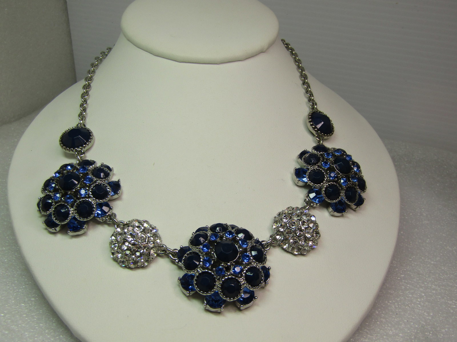 Blue & Clear Cluster Rhinestone Necklace, Ann Taylor, 1980's-1990's, 19" - 2