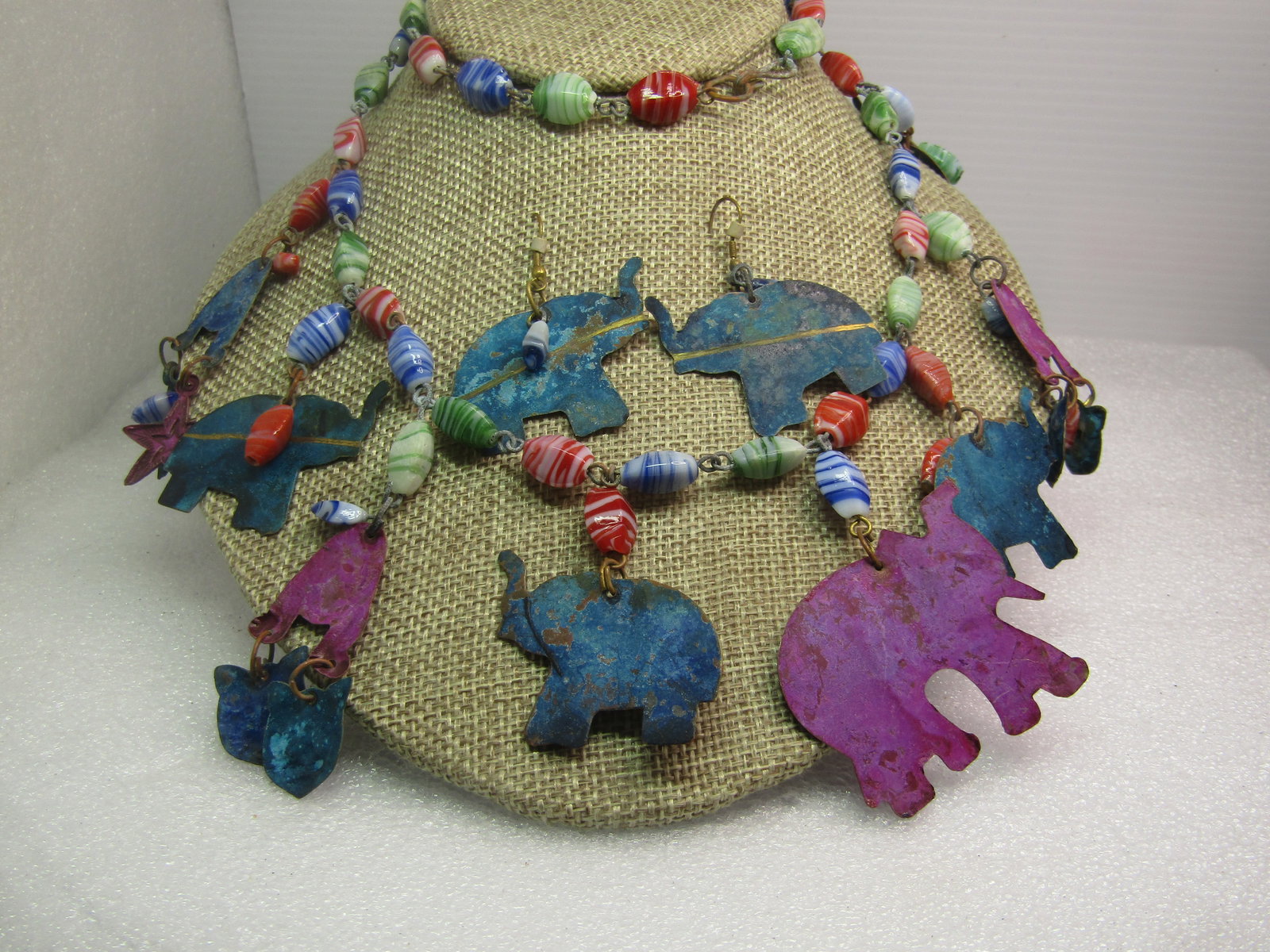 Vintage Glass Beaded Elephant & Cat Dangle Necklace Earrings Set , 28", 1970's-1980's - 2