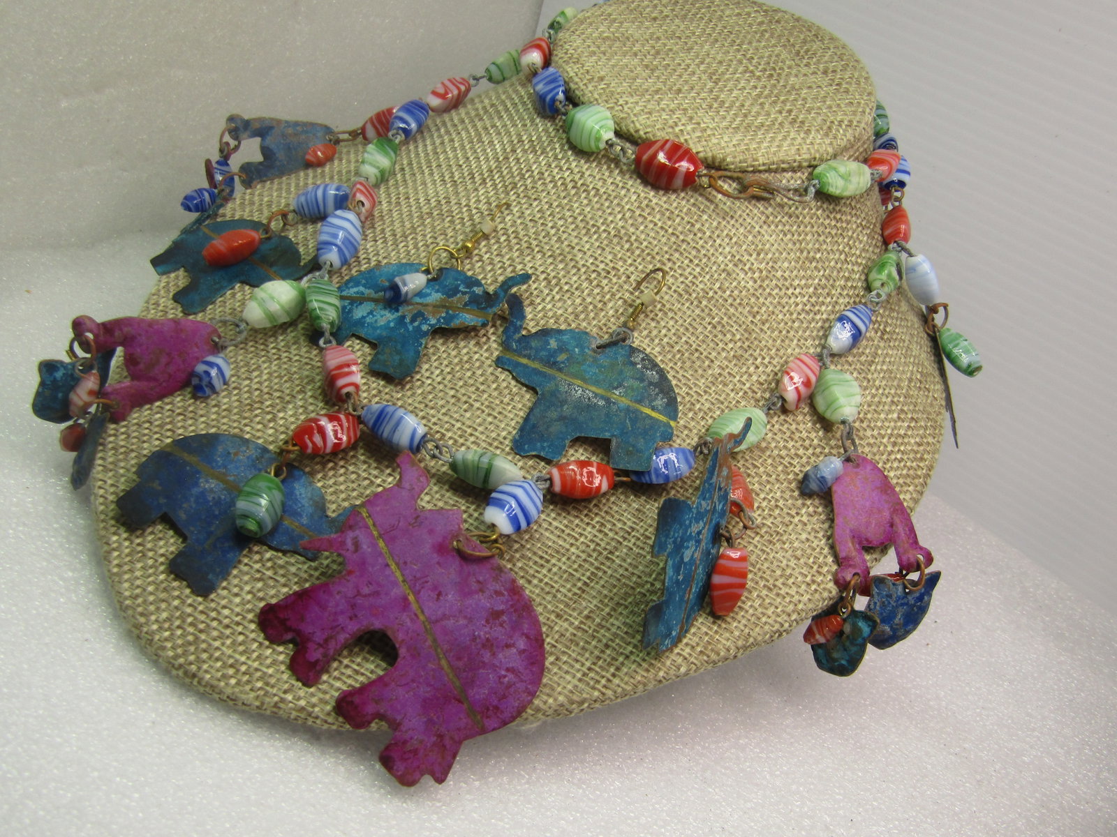 Vintage Glass Beaded Elephant & Cat Dangle Necklace Earrings Set , 28", 1970's-1980's - 5