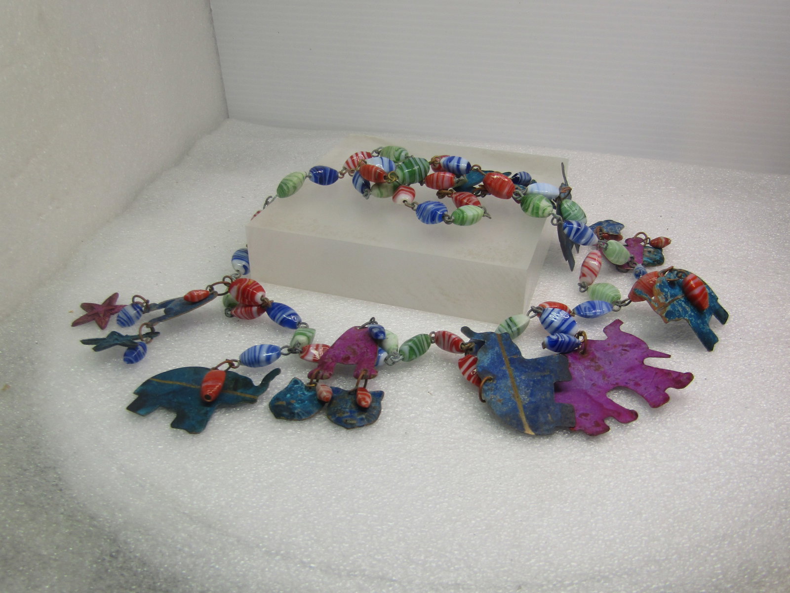 Vintage Glass Beaded Elephant & Cat Dangle Necklace Earrings Set , 28", 1970's-1980's - 6