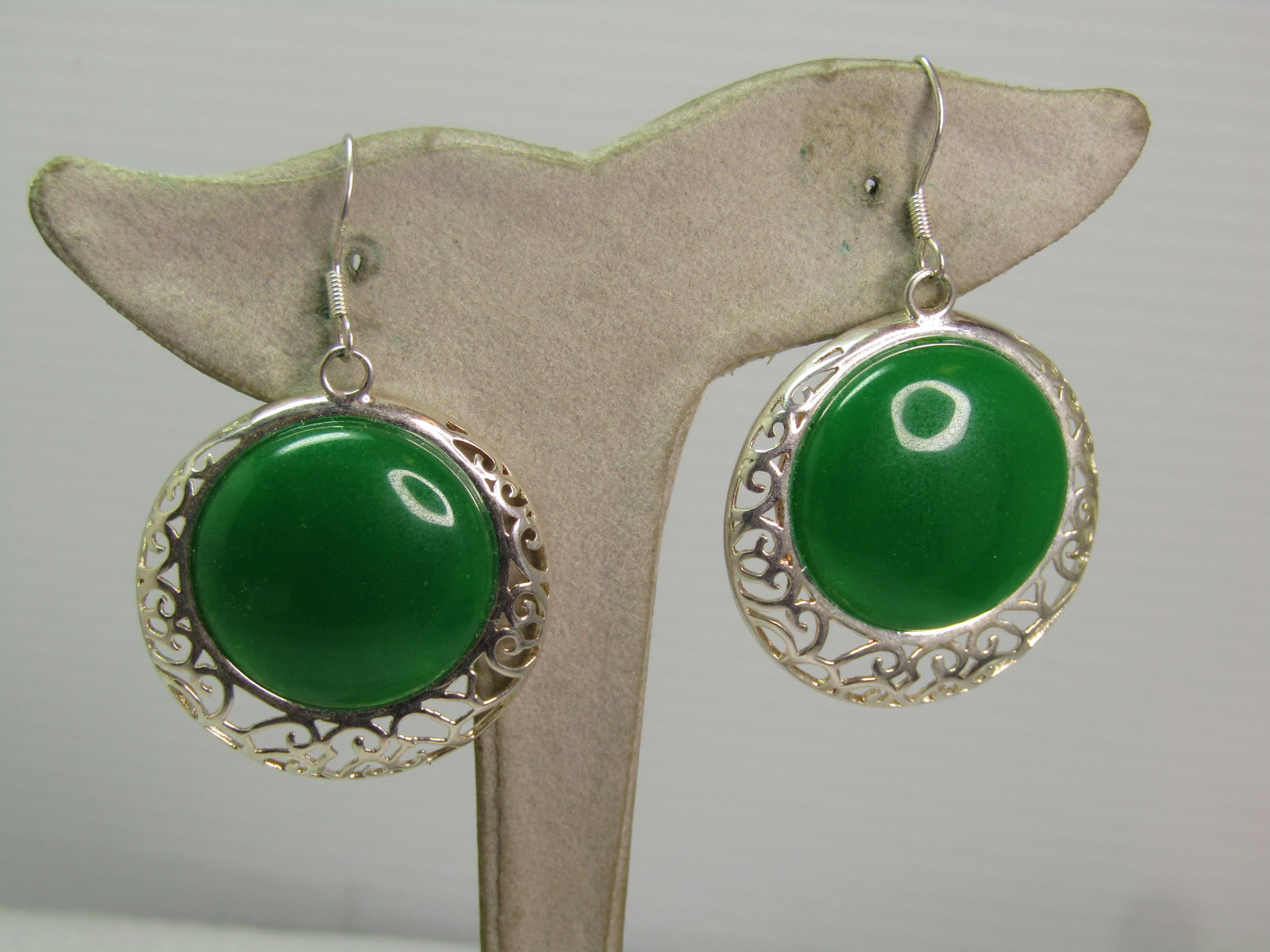 Silver Plated Filigree Green Earrings, Pierced, 1990's. - 2