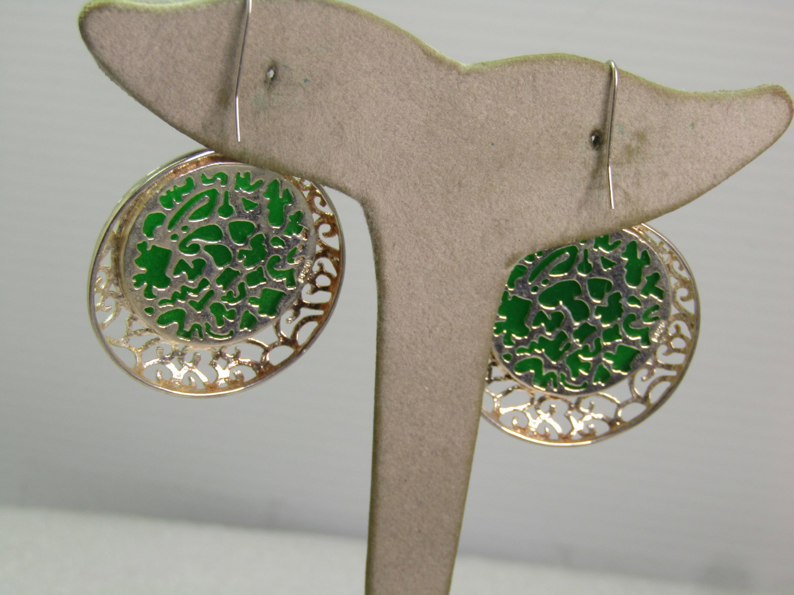Silver Plated Filigree Green Earrings, Pierced, 1990's. - 3