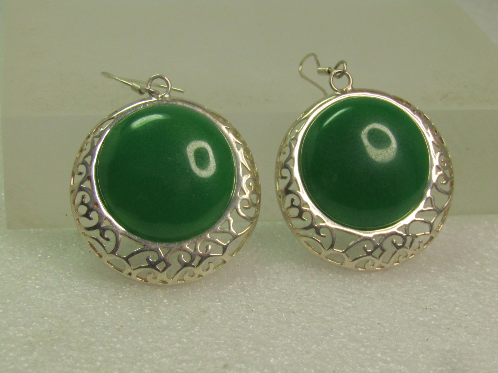 Silver Plated Filigree Green Earrings, Pierced, 1990's. - 4