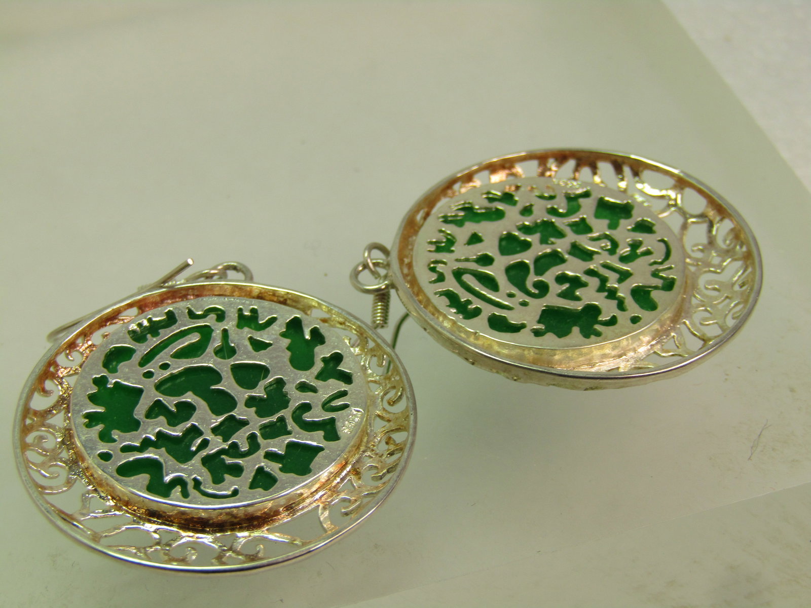 Silver Plated Filigree Green Earrings, Pierced, 1990's. - 5