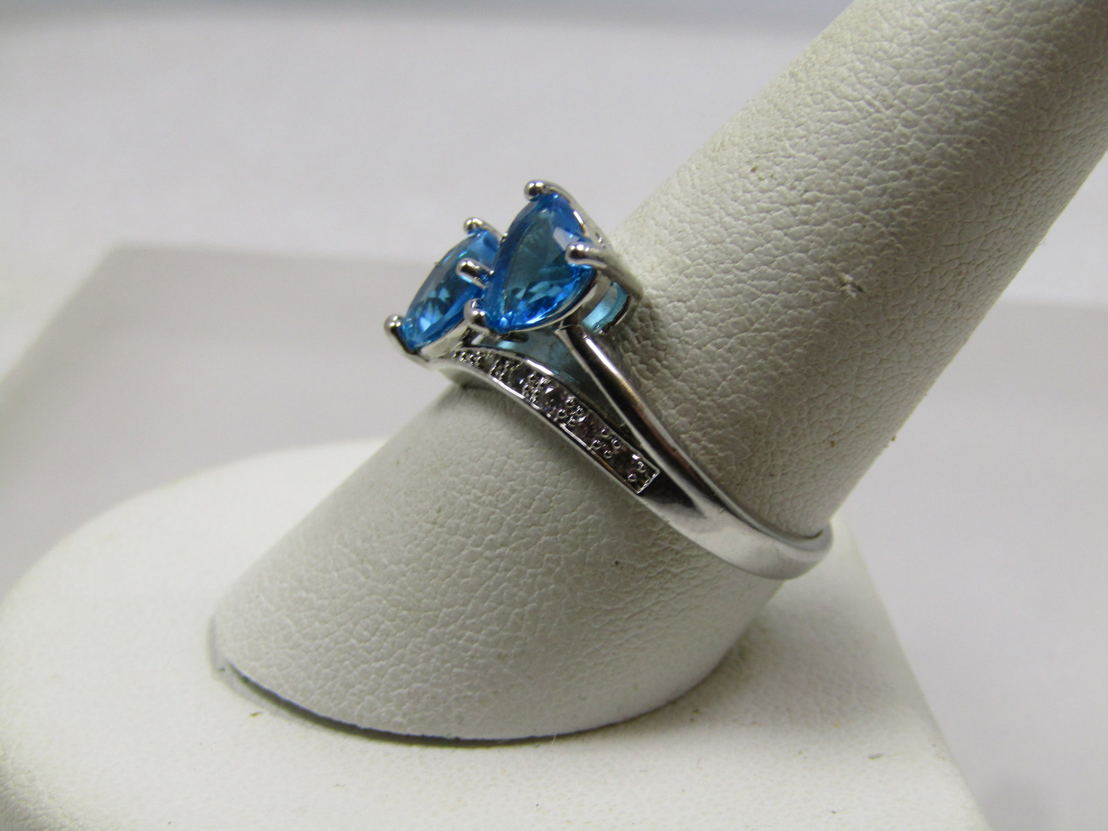 Blue Heart & Clear Stone Bypass Ring, Sz. 9.5, Silver Tone, 2000's - 2