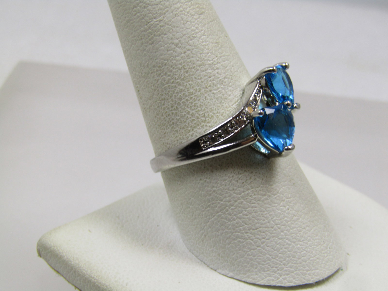 Blue Heart & Clear Stone Bypass Ring, Sz. 9.5, Silver Tone, 2000's - 3