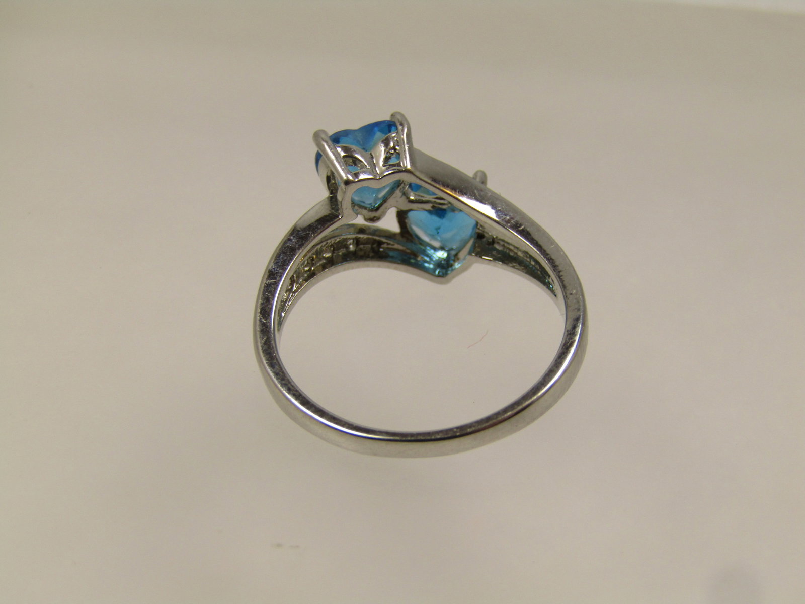 Blue Heart & Clear Stone Bypass Ring, Sz. 9.5, Silver Tone, 2000's - 4