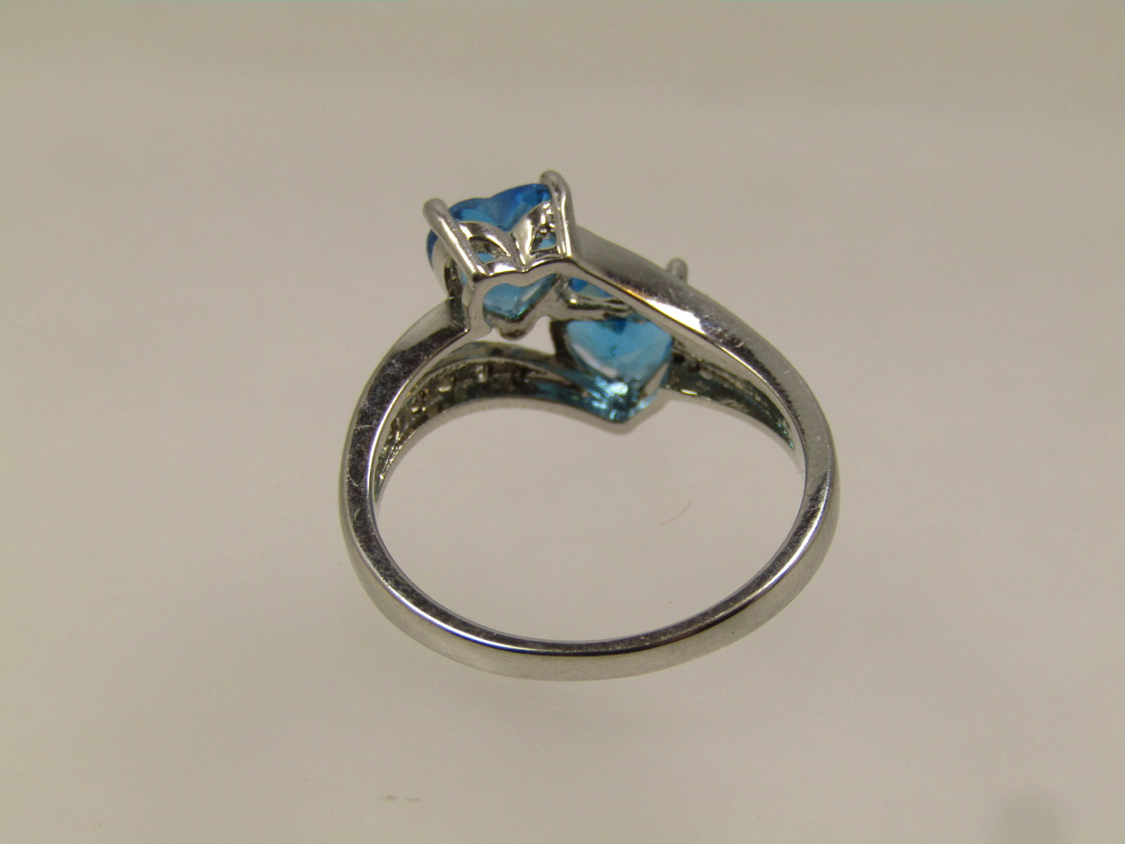 Blue Heart & Clear Stone Bypass Ring, Sz. 9.5, Silver Tone, 2000's - 5