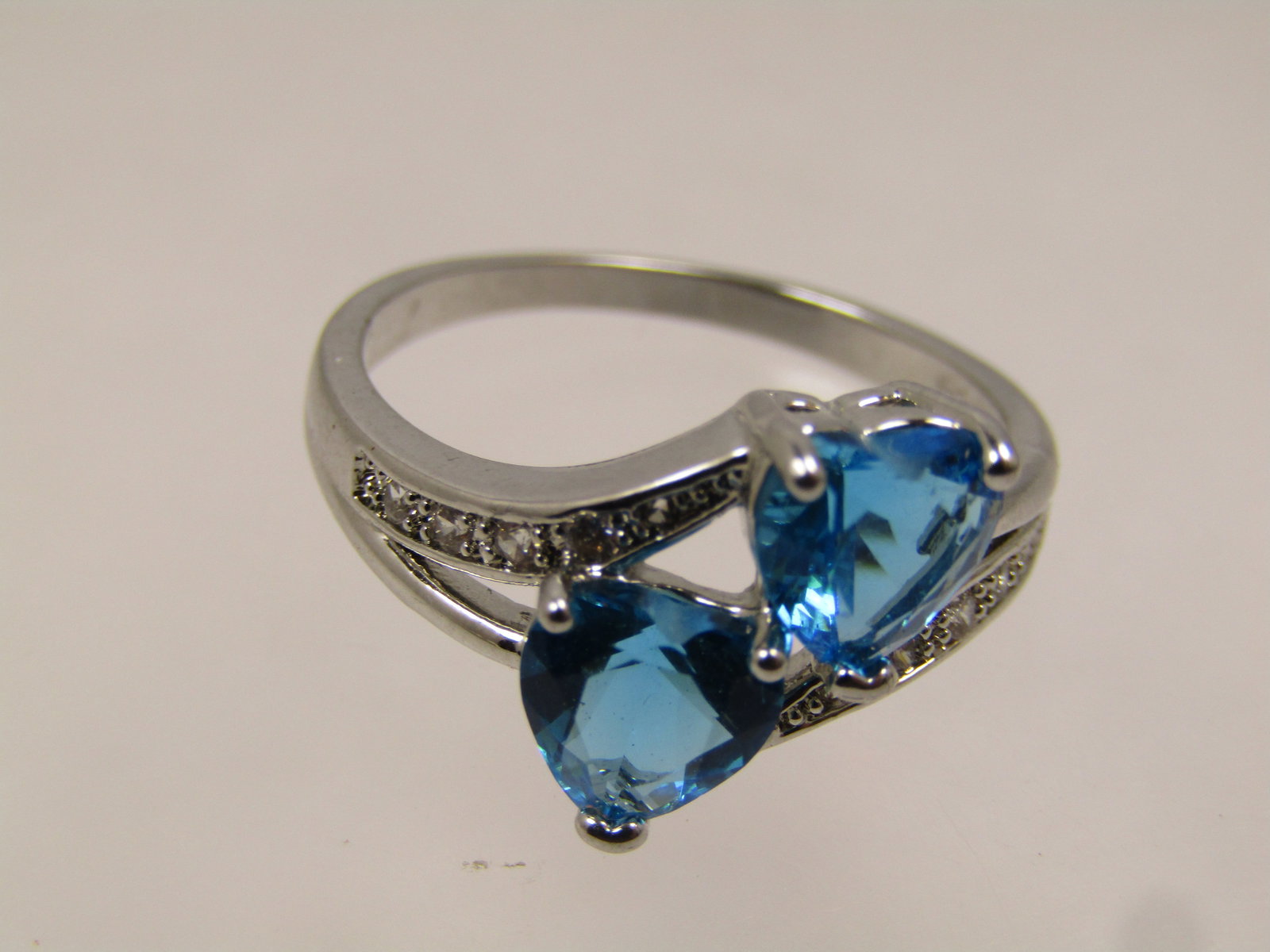Blue Heart & Clear Stone Bypass Ring, Sz. 9.5, Silver Tone, 2000's - 6