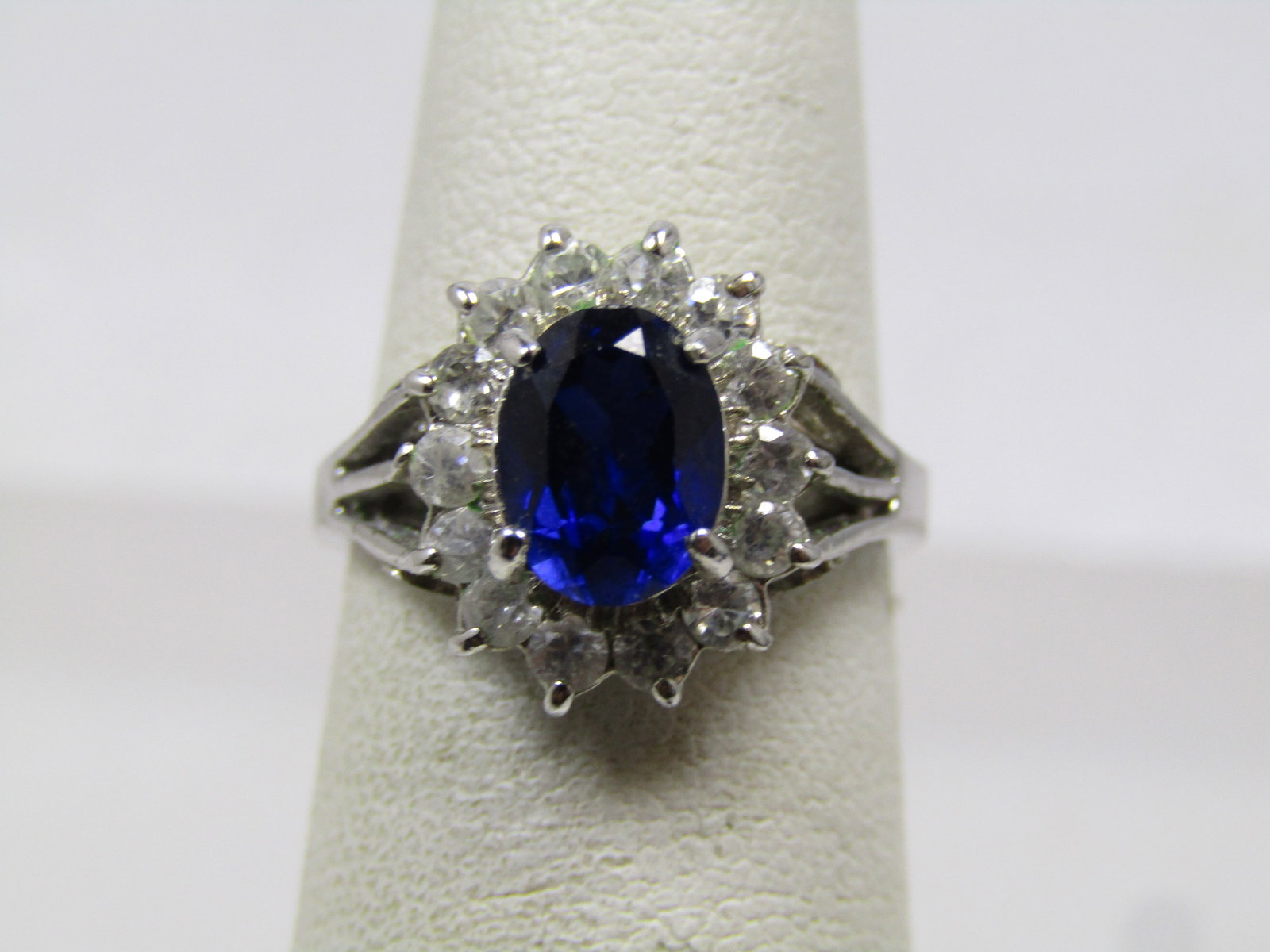 Vintage Sterling Sapphire CZ Halo Ring, Sz. 5.5, Signed Espo, 1980's: Vintage Sterling Sapphire CZ Halo Ring, Sz. 5.5, Signed Espo, 1980's . Espo is Joseph Esposito is has been in business before 1960's but first used the maker's mark in 1961 when it was required. He al