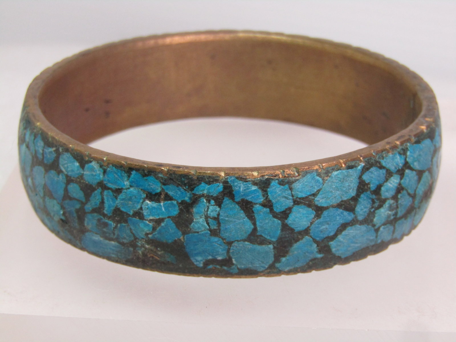 Vintage Brass & Inlaid Turquoise Chip Bangle Bracelet, 8.25, India, Unisex, 1960's - 2