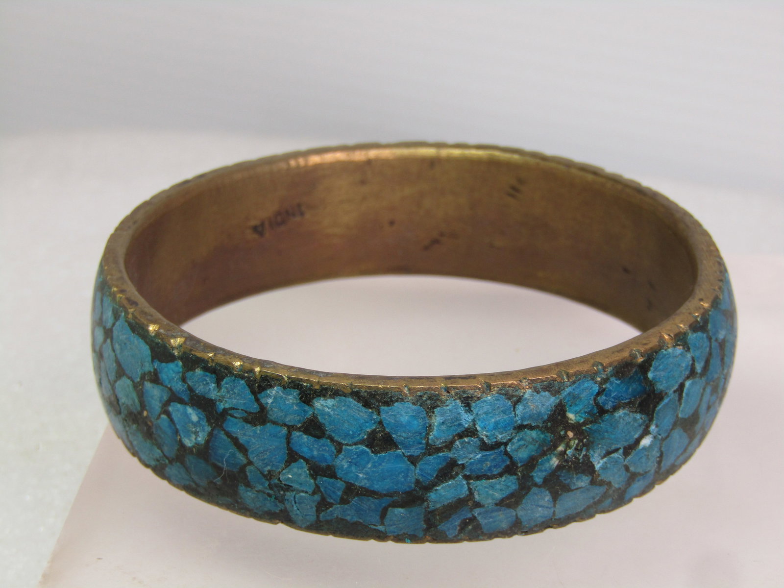 Vintage Brass & Inlaid Turquoise Chip Bangle Bracelet, 8.25, India, Unisex, 1960's - 3