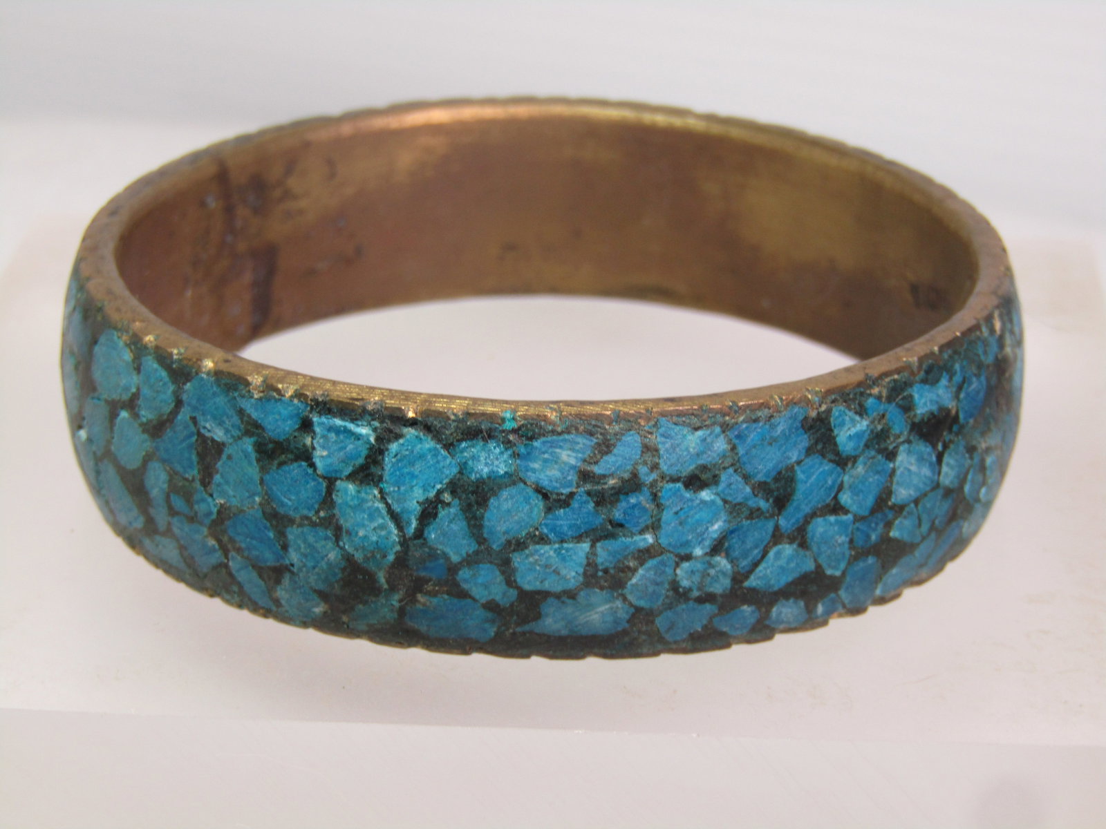 Vintage Brass & Inlaid Turquoise Chip Bangle Bracelet, 8.25, India, Unisex, 1960's - 4
