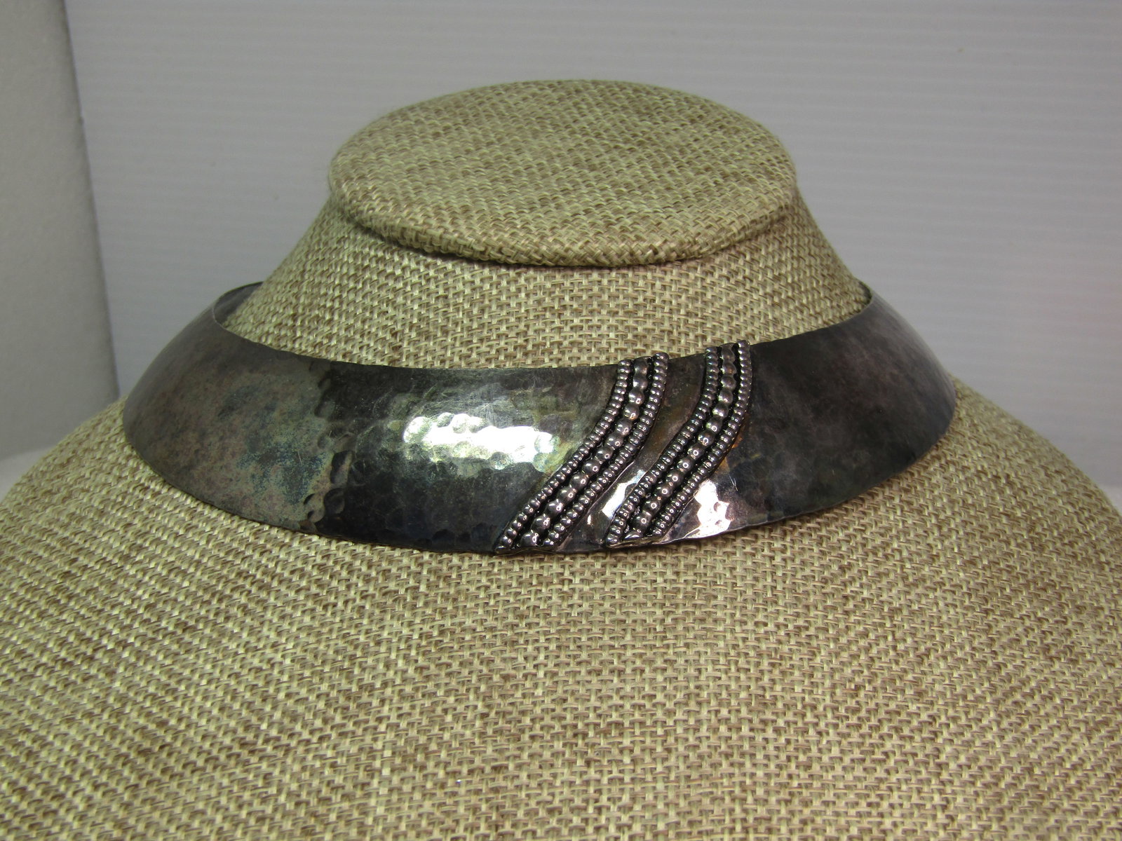 Vintage Hammered Collar Necklace with Faux Marcasite Raised Accents, 15", 1970's-1980's - 4
