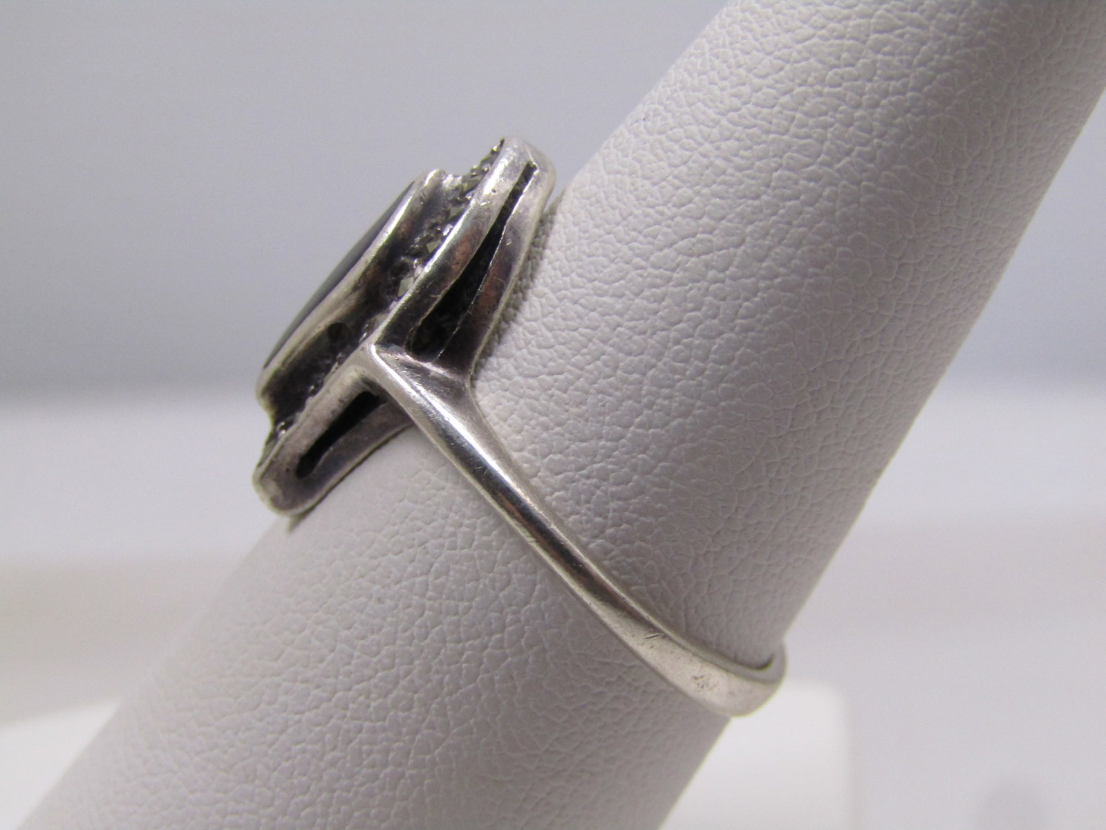 Vintage Sterling Inlaid Onyx Marcasite Ring, Sz. 8.25, 1980's, Signed - 2