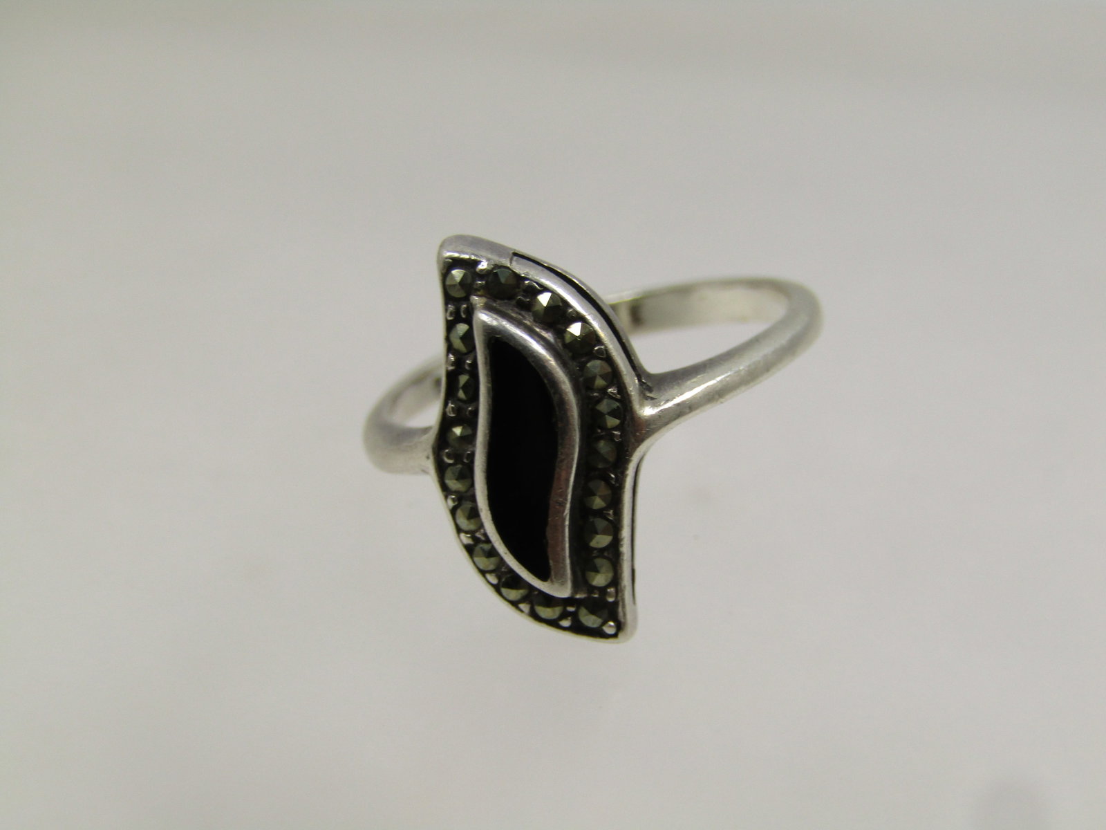 Vintage Sterling Inlaid Onyx Marcasite Ring, Sz. 8.25, 1980's, Signed - 8