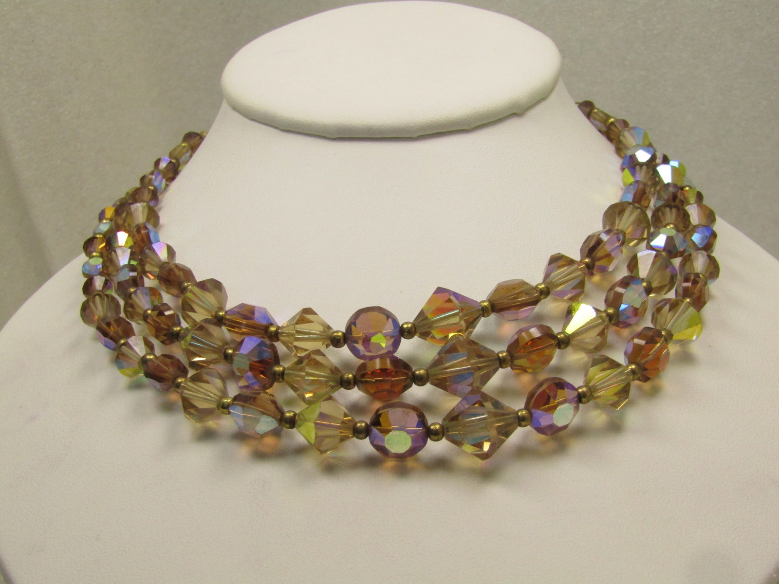 Vintage Triple Strand Brown Crystal Aurora Borealis Necklace, 16", 1950's-1960's. - 2
