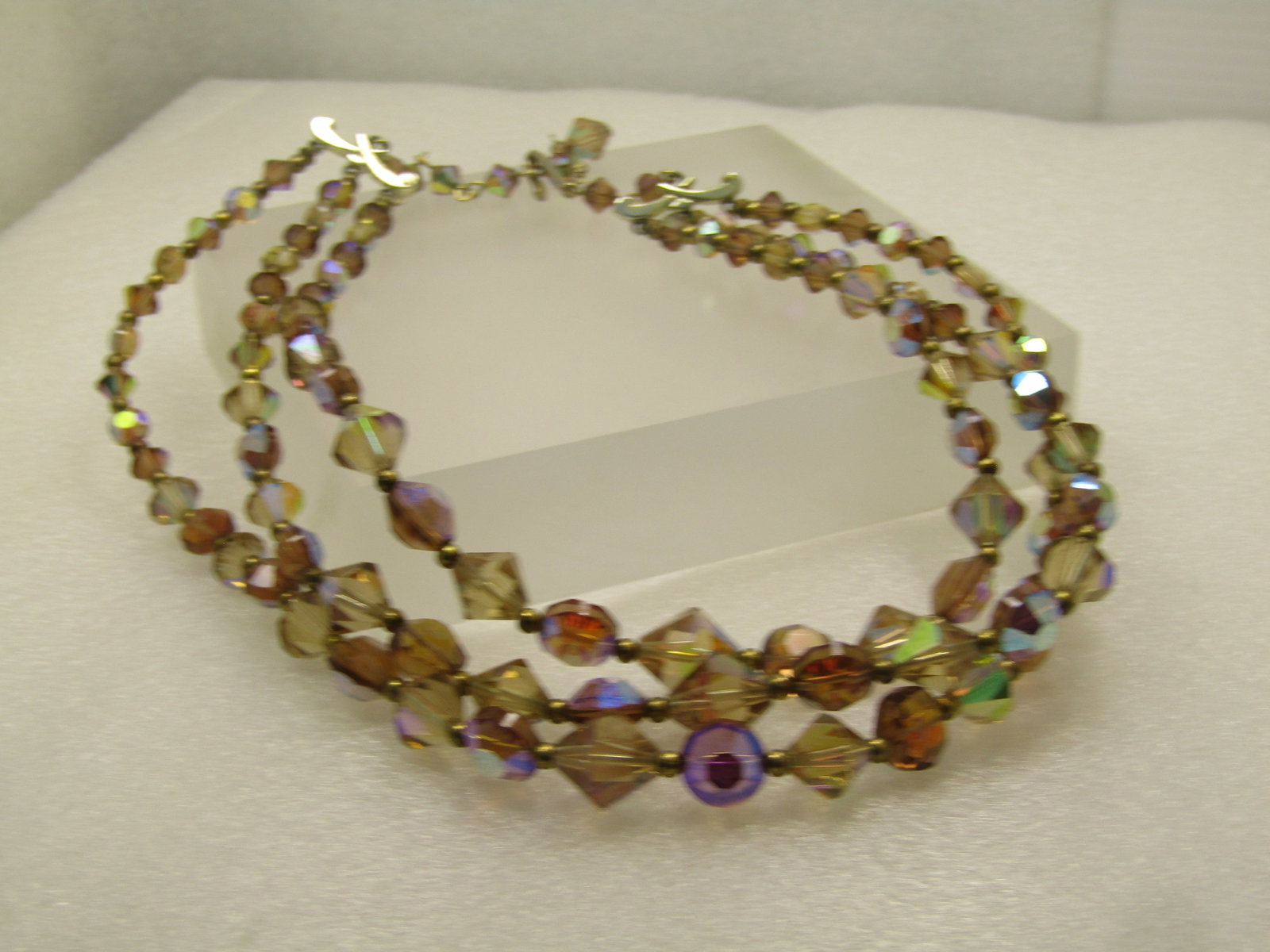 Vintage Triple Strand Brown Crystal Aurora Borealis Necklace, 16", 1950's-1960's. - 4