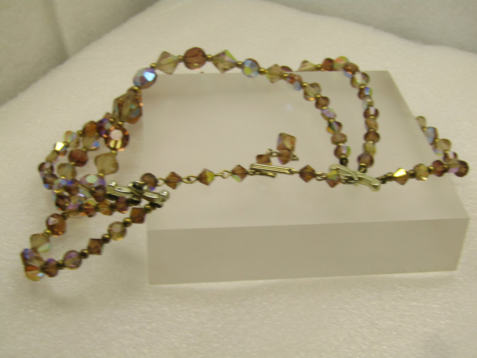 Vintage Triple Strand Brown Crystal Aurora Borealis Necklace, 16", 1950's-1960's. - 5