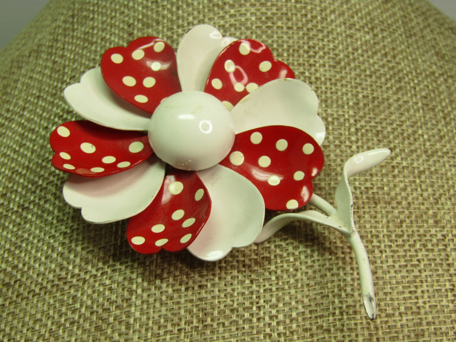 Vintage Enameled Red/White Floral Stem Brooch, 1960's-1970's: Vintage Enameled Red/White Floral Stem Brooch, 1960's-1970's. This is 3.5" tall and 2.5" wide at the blossom. The blossom has red petals withe white dots alternating with all white petals and each pet