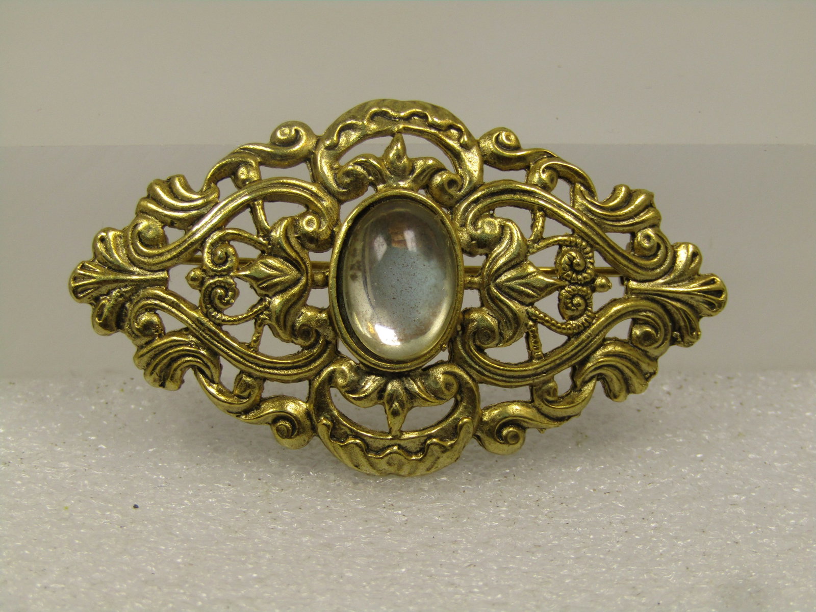 Vintage Gold tone Victorian Themed Brooch, Clear Glass Stone, 1980's - 2
