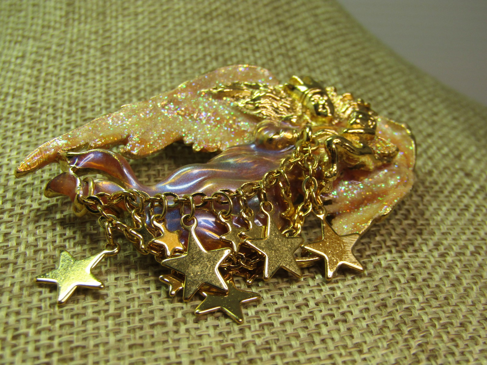 Enameled/Glittered Angel and Cherub Brooch, Dangling Stars, Signed Kirk's Folly, 1990's - 2