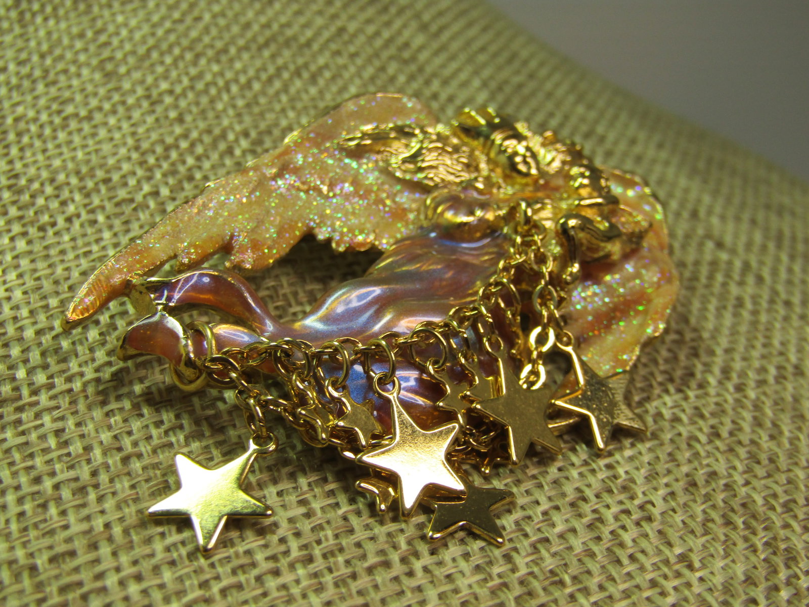 Enameled/Glittered Angel and Cherub Brooch, Dangling Stars, Signed Kirk's Folly, 1990's - 3